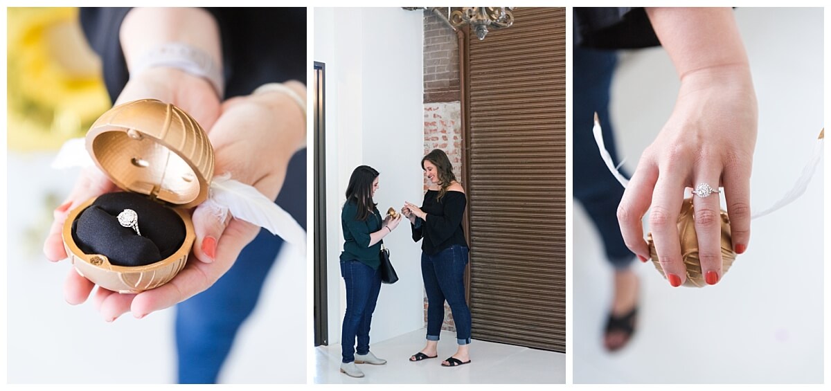 golden snitch ring box at a Harry Potter marriage proposal at the Houston Rental Studio in Houston Texas captured by Swish and Click Photography