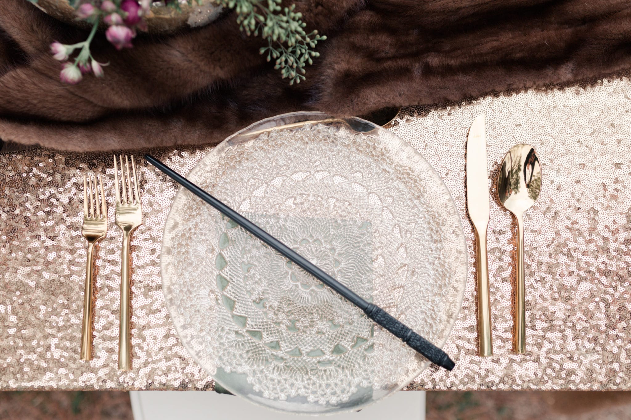 Harry Potter wand on a tablescape at Arrowhead Hill in Magnolia Texas captured by Swish and Click Photography