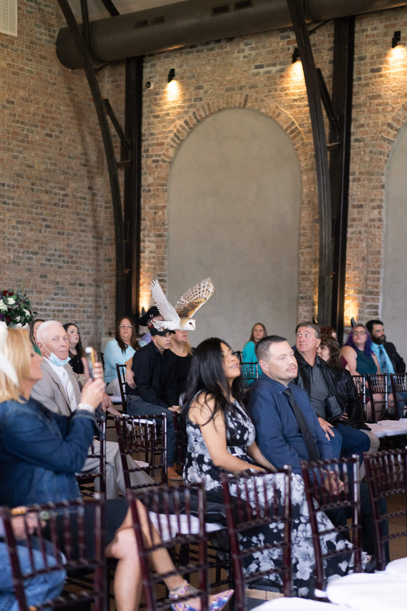 An owl flies with the wedding rings at a Harry Potter wedding at Iron Manor in Houston Texas by Swish and Click Photography