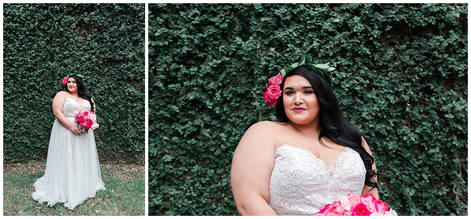 Texas branding photographer Swish and Click Photography captures the model wearing a gorgeous wedding gown, smiling and loving on herself