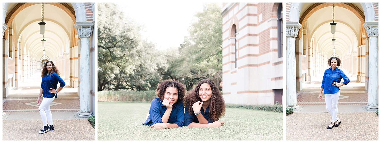 daughters pose together during their portrait session at Rice University in Houston Texas by Swish and Click Photography