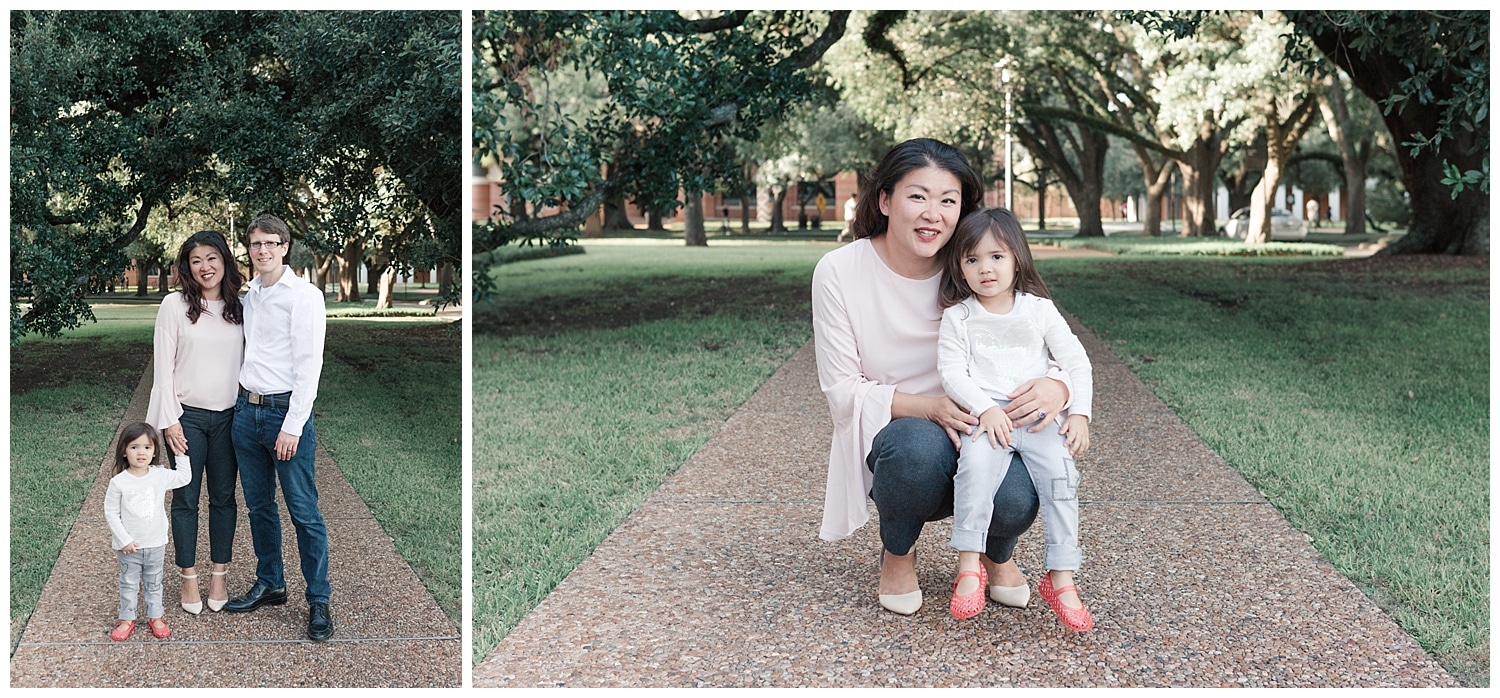 mom and daughter cuddle during their fall mini session at Rice University in Houston Texas by Swish and Click Photography