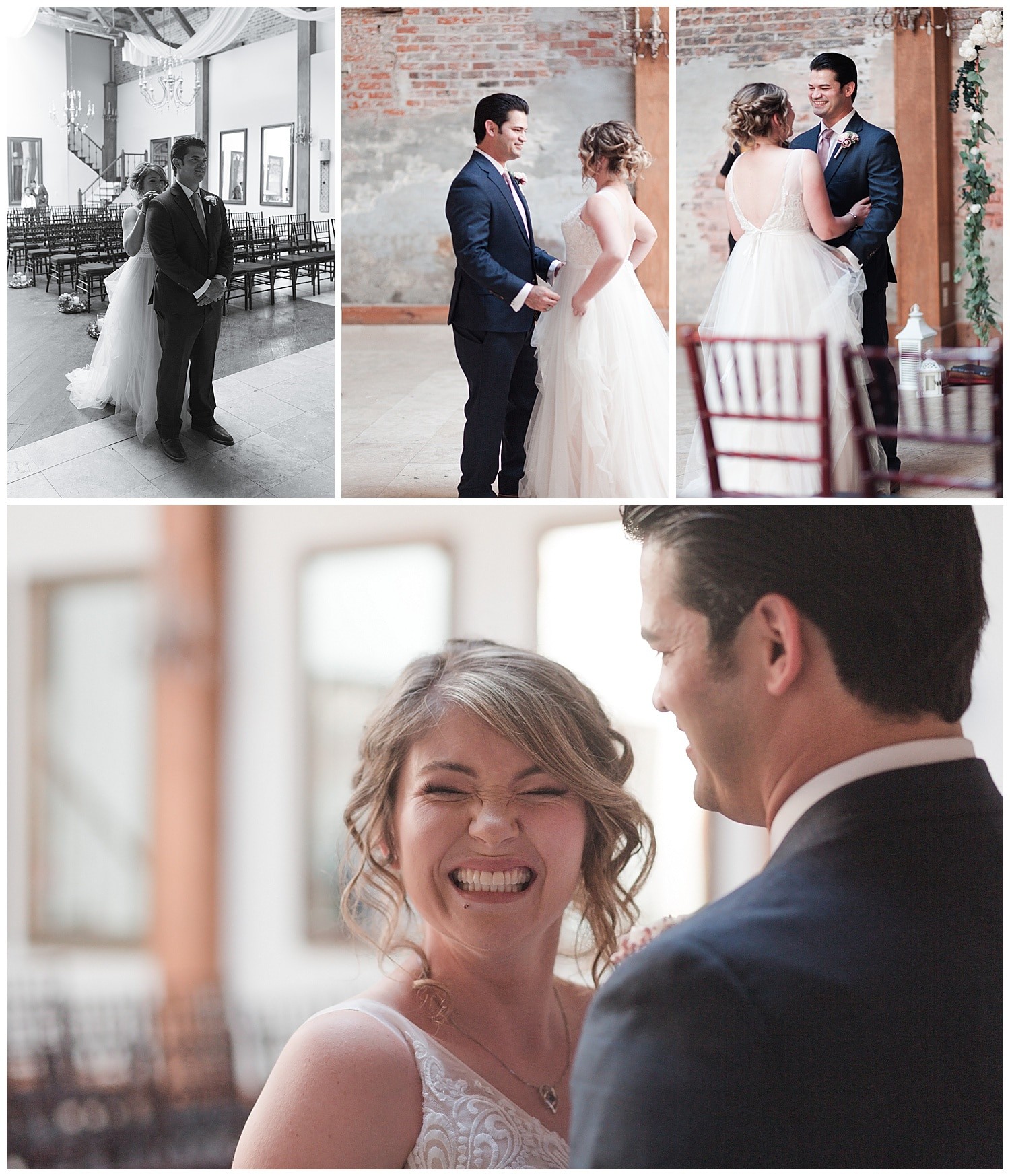 bride and groom first look at Thomas Bistro in New Orleans by Swish and Click Photography