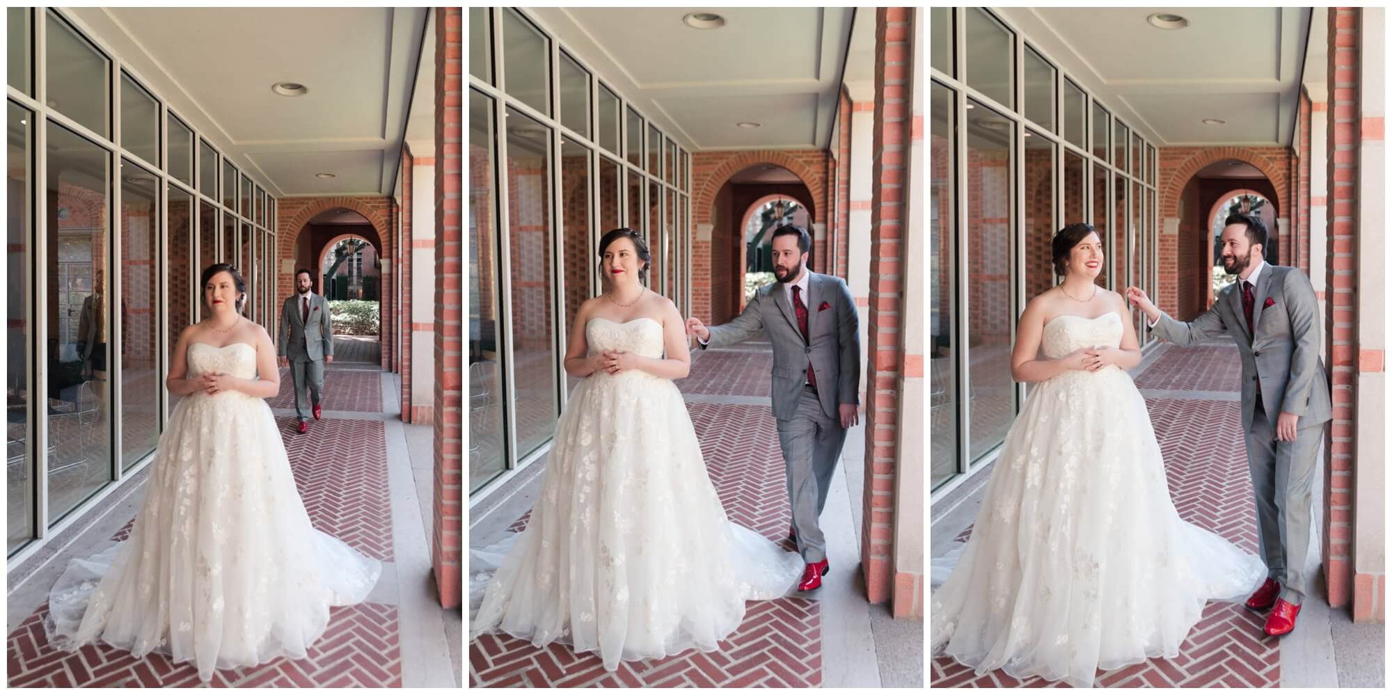 bride and groom first look at Rice University in Houston Texas by Swish and Click Photography