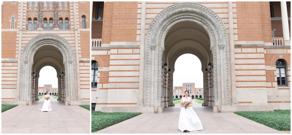 Houston bride poses outside Lovett Hall at Rice University in Houston Texas by Swish and Click Photography