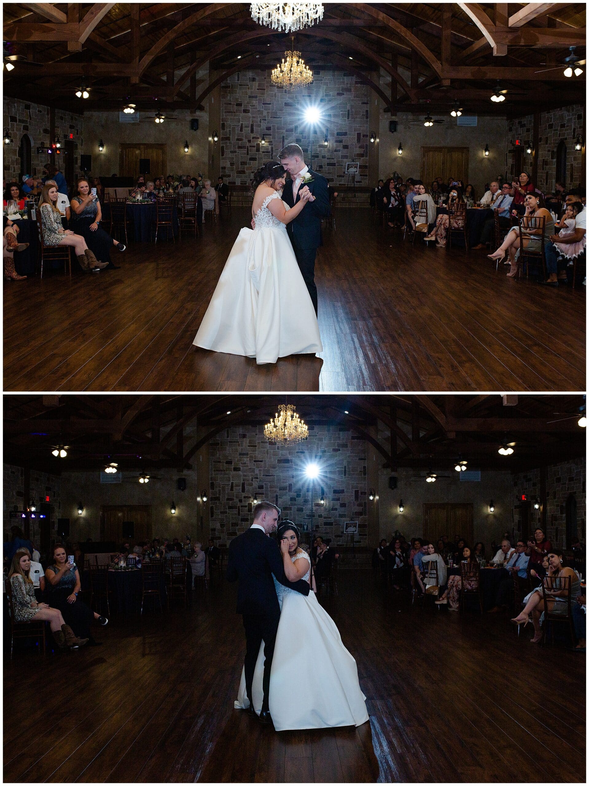 bride and groom first dance at Bridal Oaks in Cypress Texas by Houston wedding photographer Swish and Click Photography