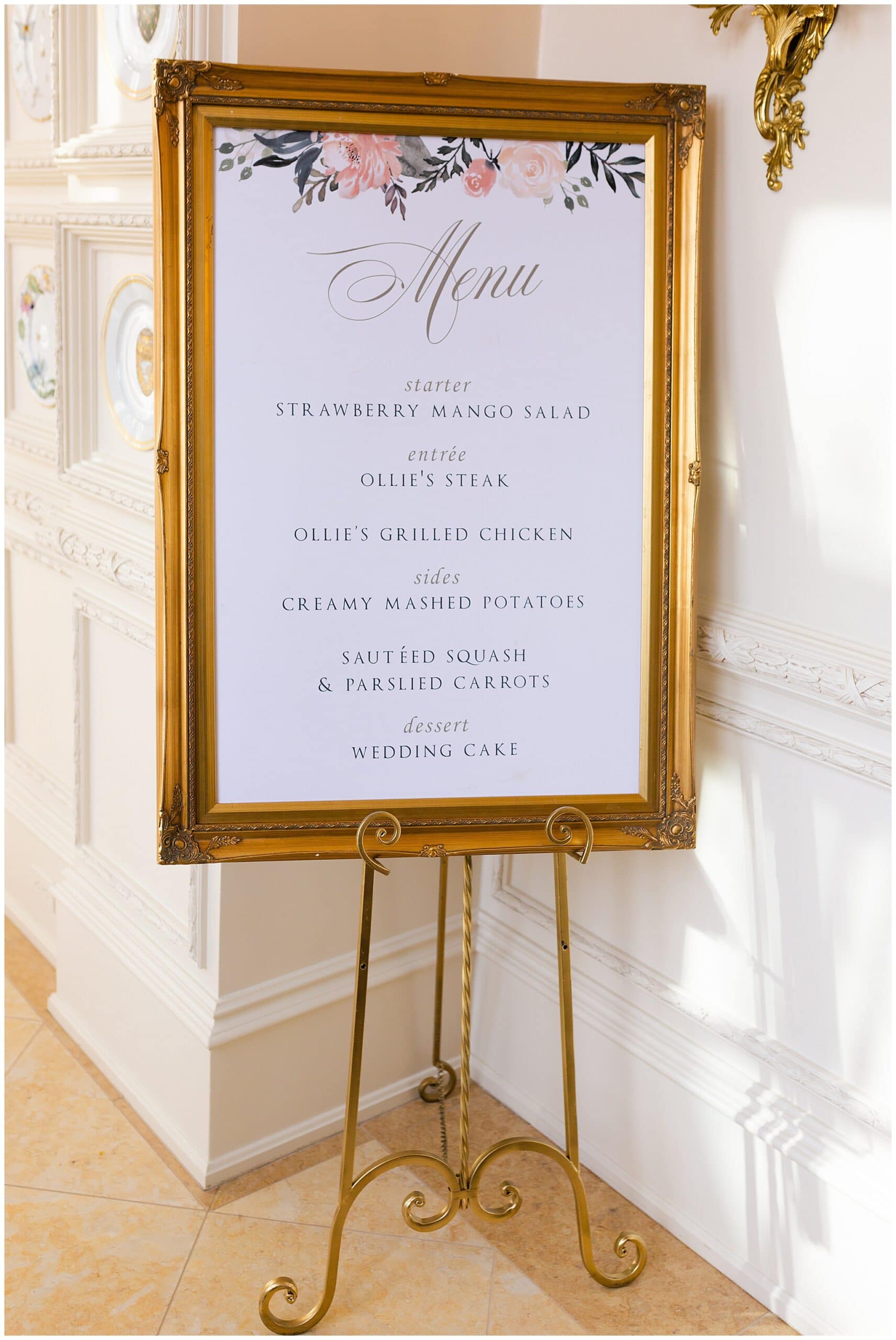 dinner menu in gold frame on wedding day at The Olana in Hickory Creek, Texas in a yellow themed wedding captured by Swish and Click Photography