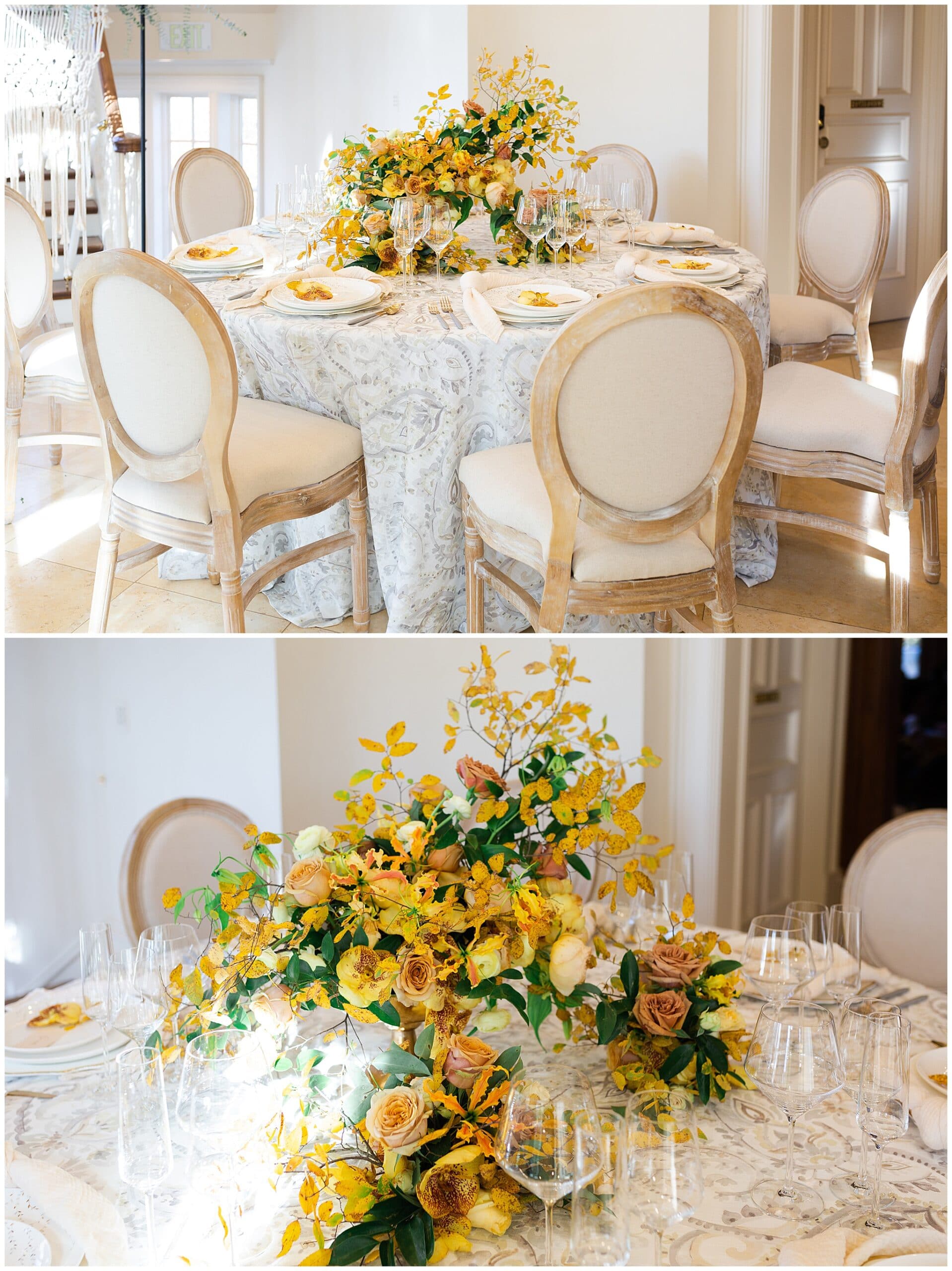wedding tablescape on wedding day at The Olana in Hickory Creek, Texas in a yellow themed wedding captured by Swish and Click Photography