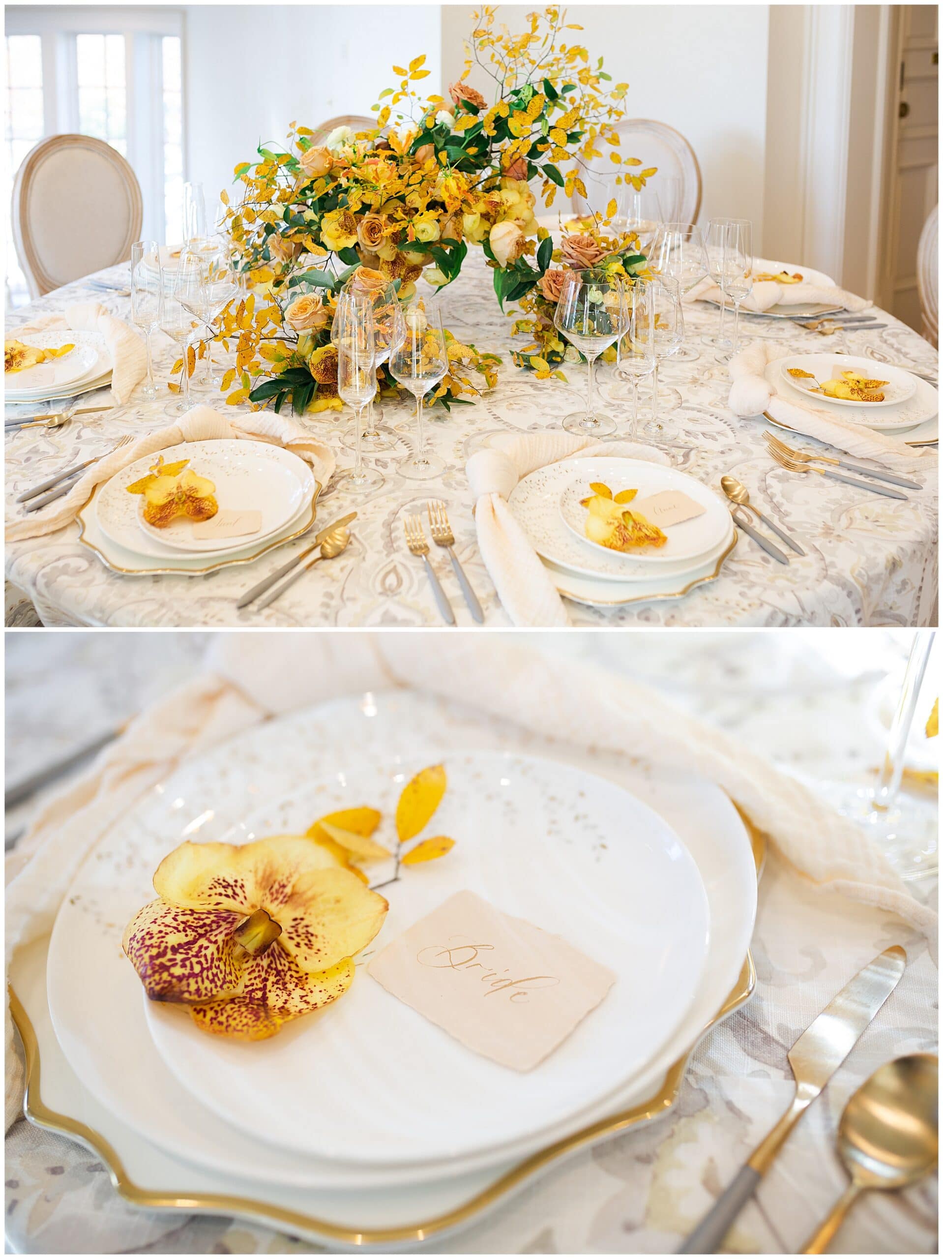 wedding tablescape on wedding day at The Olana in Hickory Creek, Texas in a yellow themed wedding captured by Swish and Click Photography