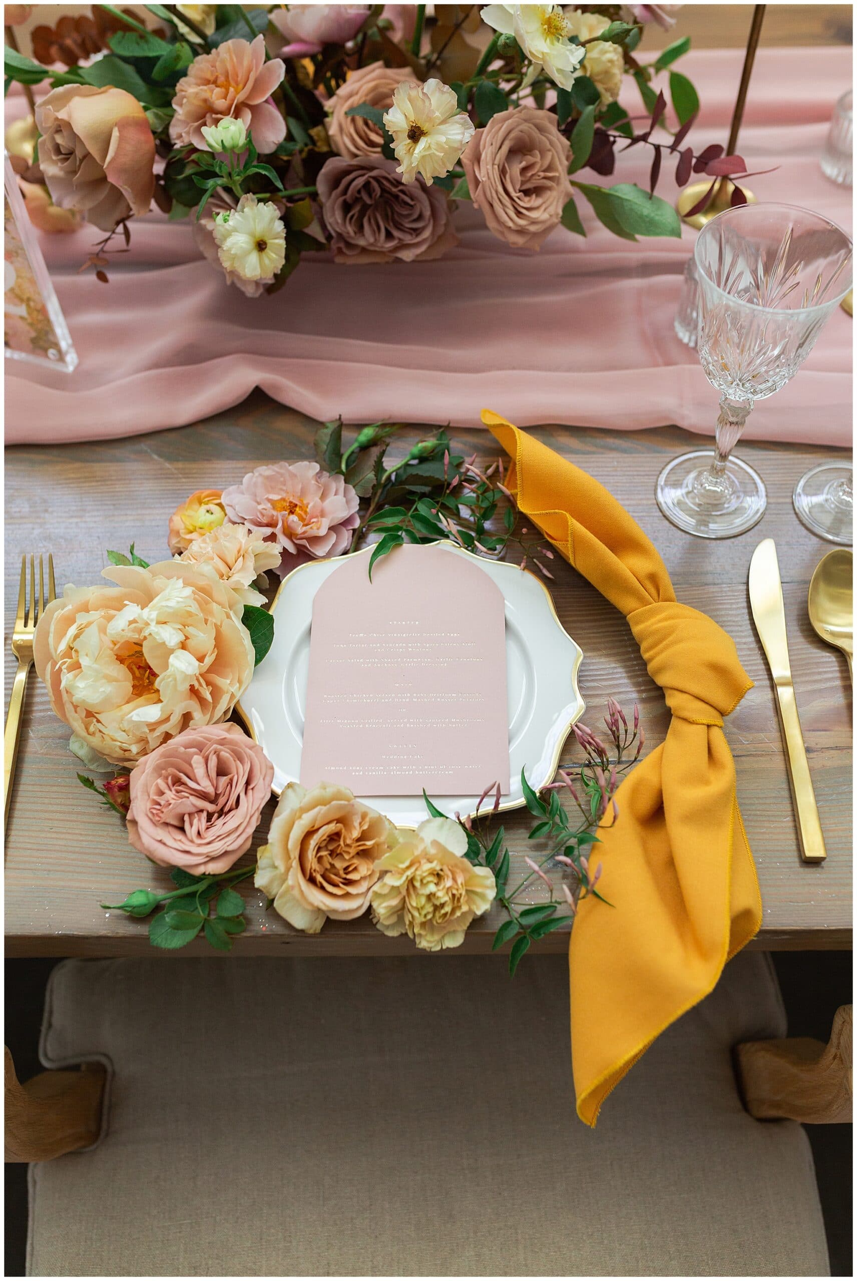 wedding tablescape on wedding day at The Farmhouse in Montgomery, Texas in a yellow themed wedding captured by Swish and Click Photography