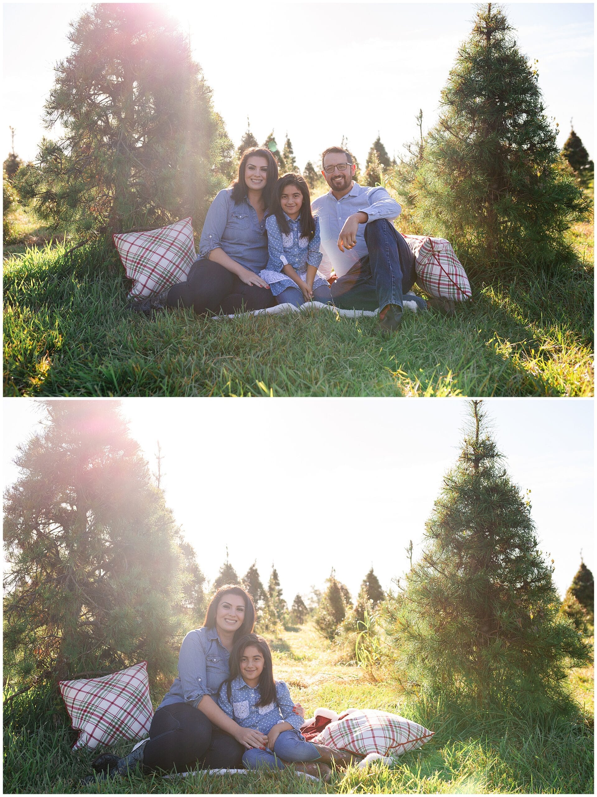 wife, husband and kids posing at Christmas tree farm for family portraits by Swish and Click Photography at Holiday Acres Farm in Manvel Texas