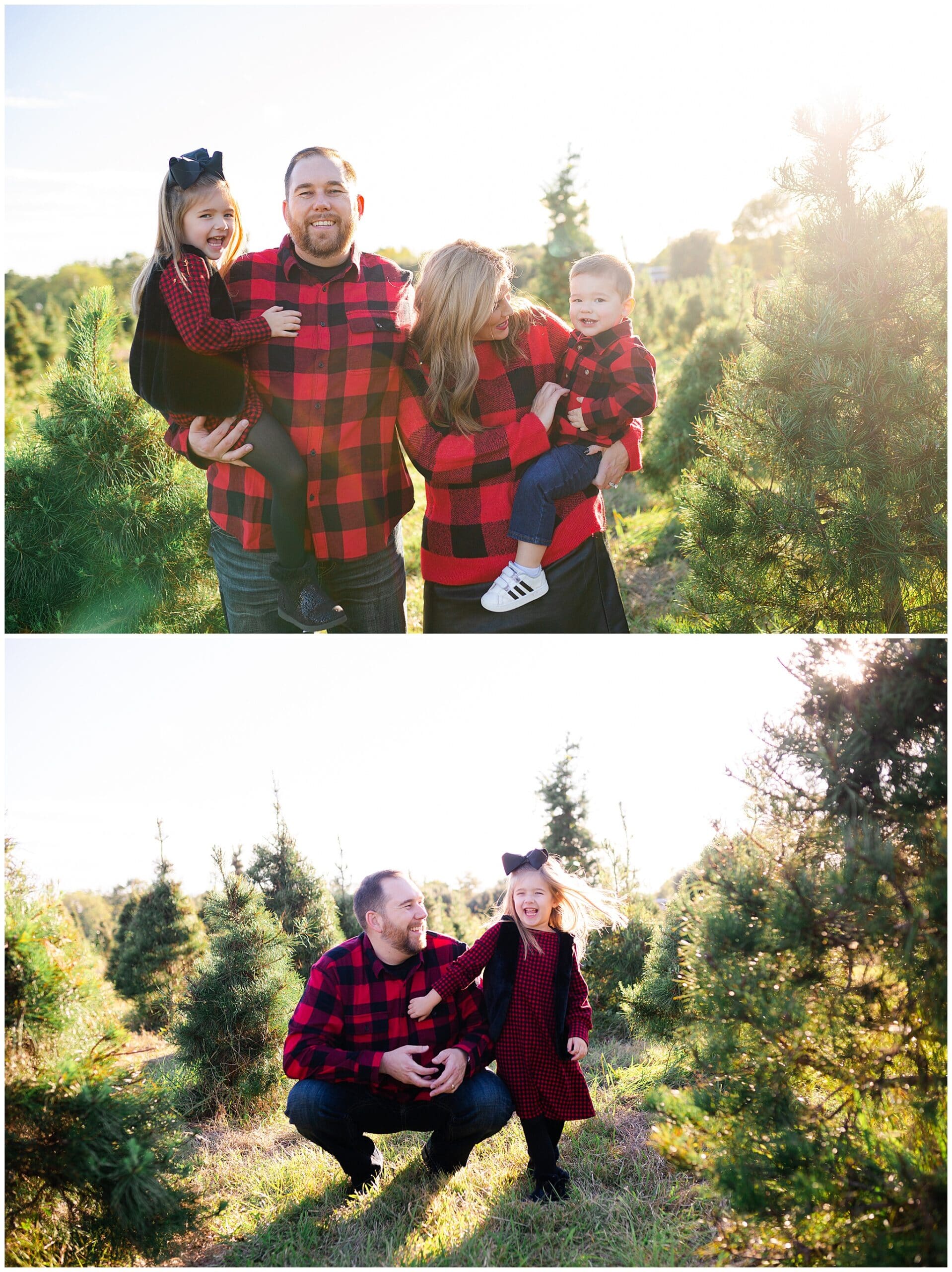wife, husband and kids posing at Christmas tree farm for family portraits by Swish and Click Photography at Holiday Acres Farm in Manvel Texas