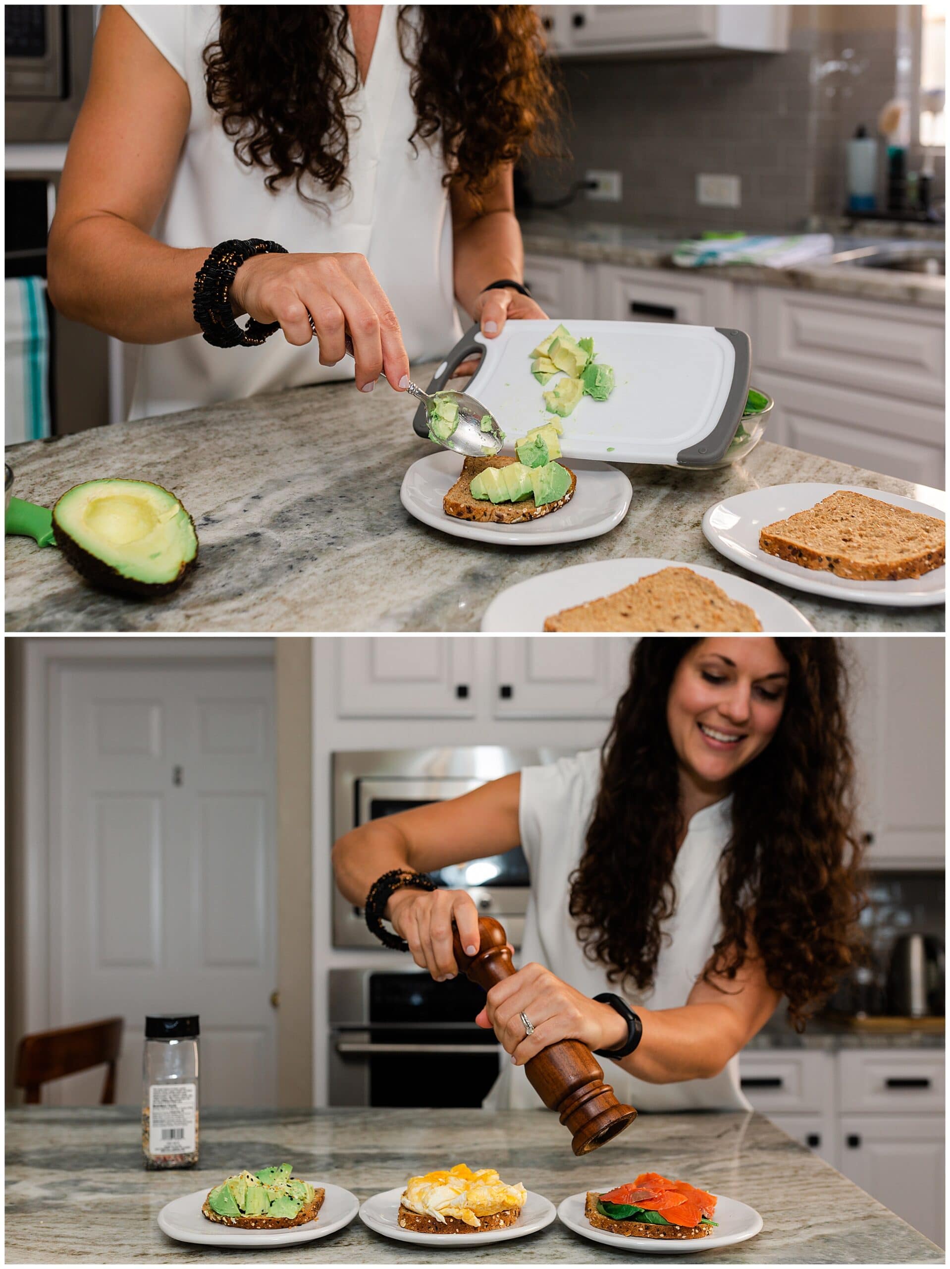 nutritionist from Focused and Fit Nutrition making avocado toast captured by Swish and Click Photography