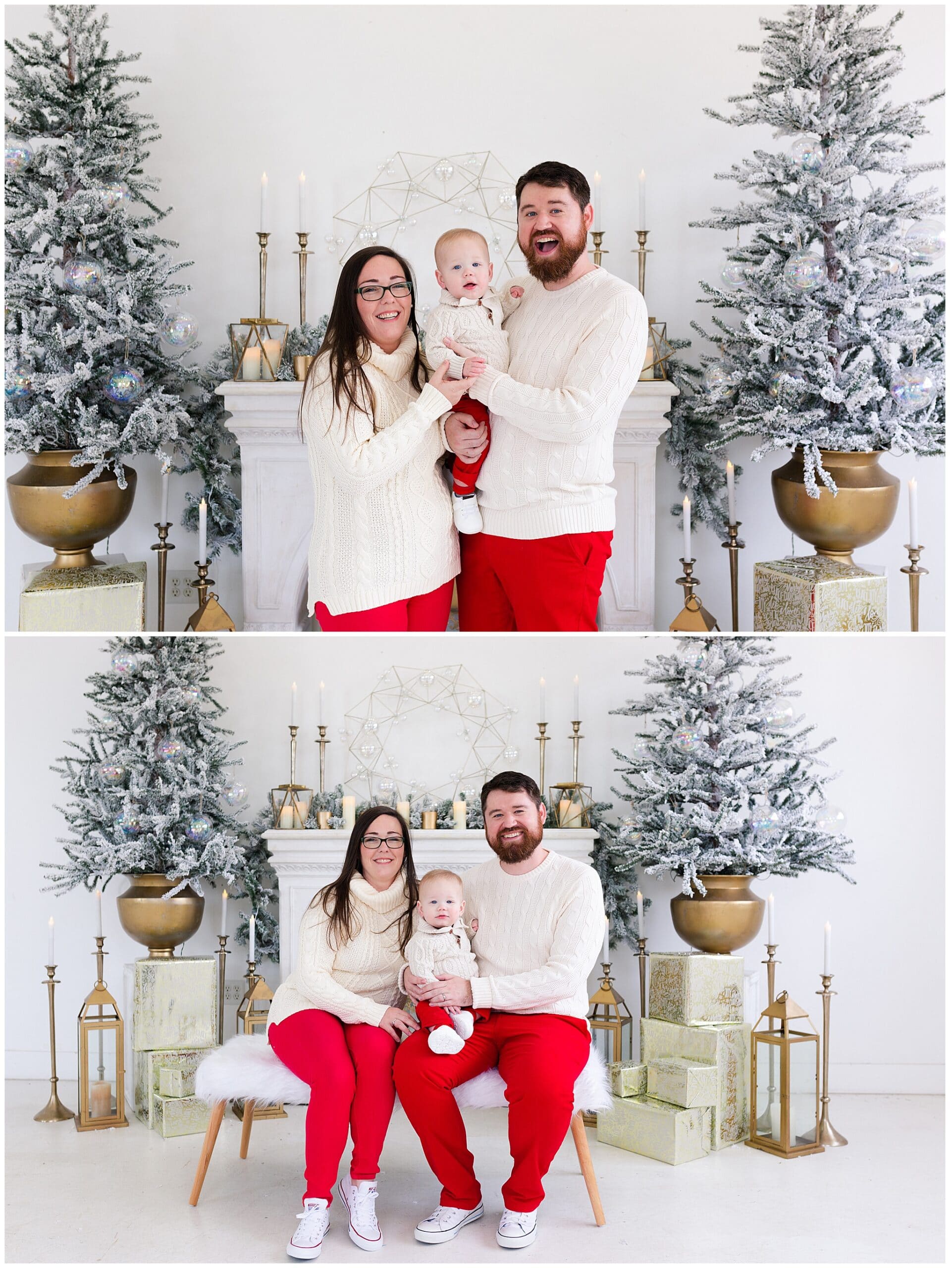 mother, father and baby at a Christmas portraits session at Studio HTX in Houston Texas by Swish and Click Photography