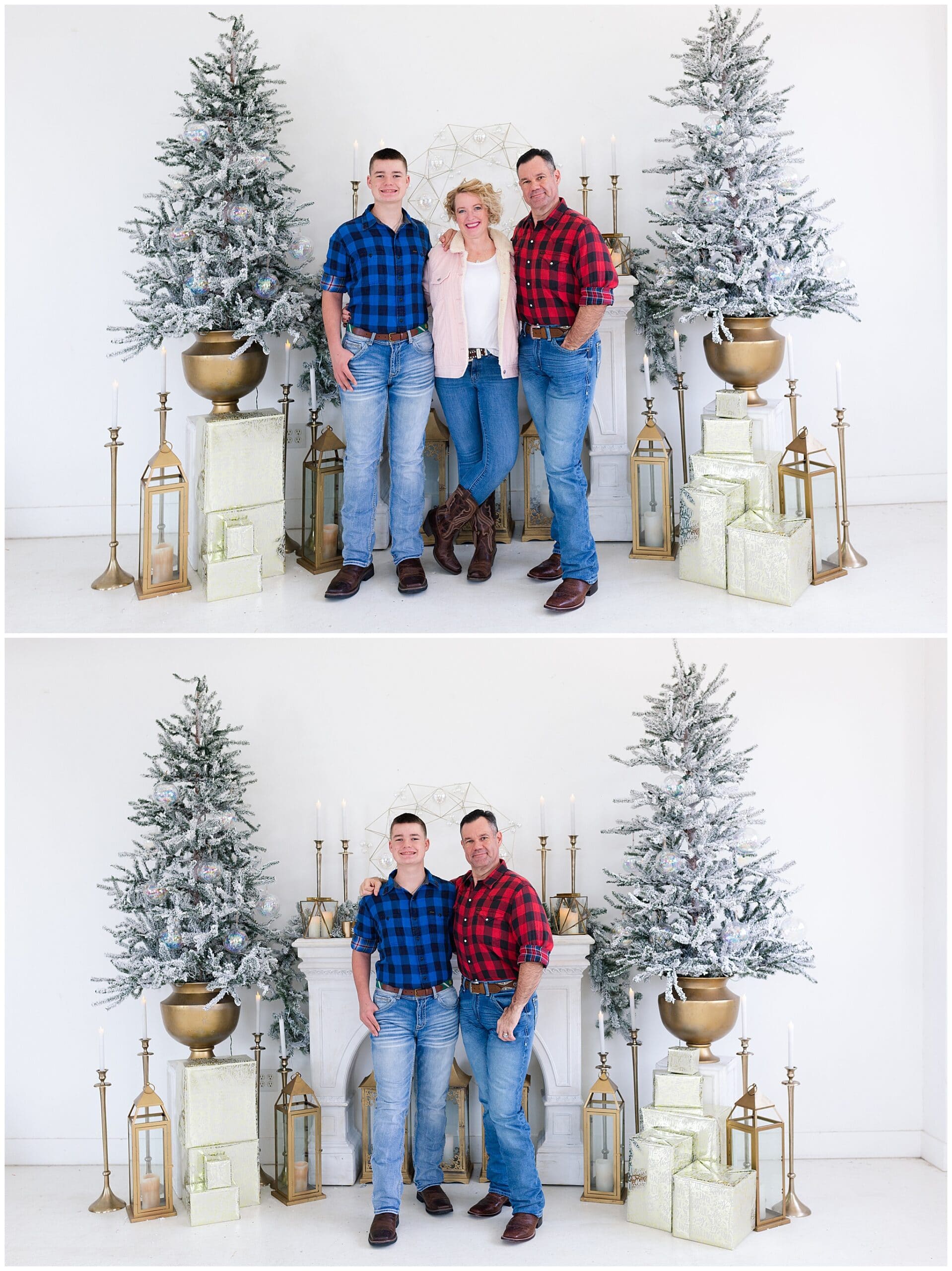 mother, father, and teenage son at a Christmas portraits session at Studio HTX in Houston Texas by Swish and Click Photography
