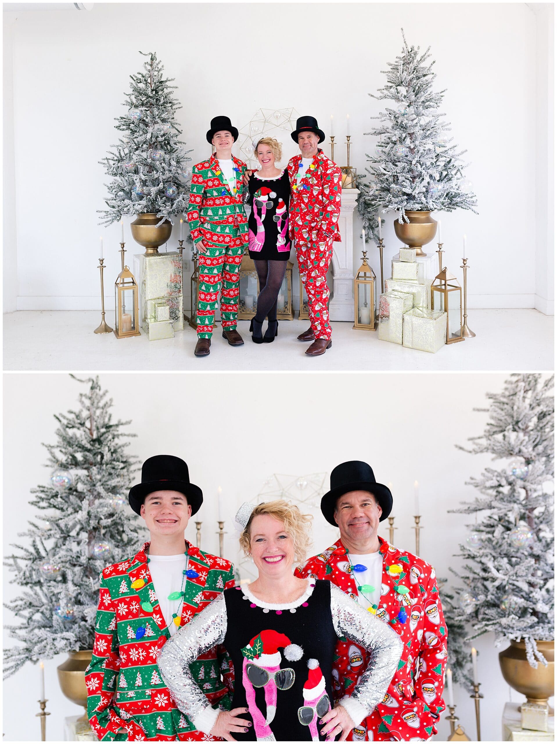 mother, father, and teenage son at a Christmas portraits session at Studio HTX in Houston Texas by Swish and Click Photography