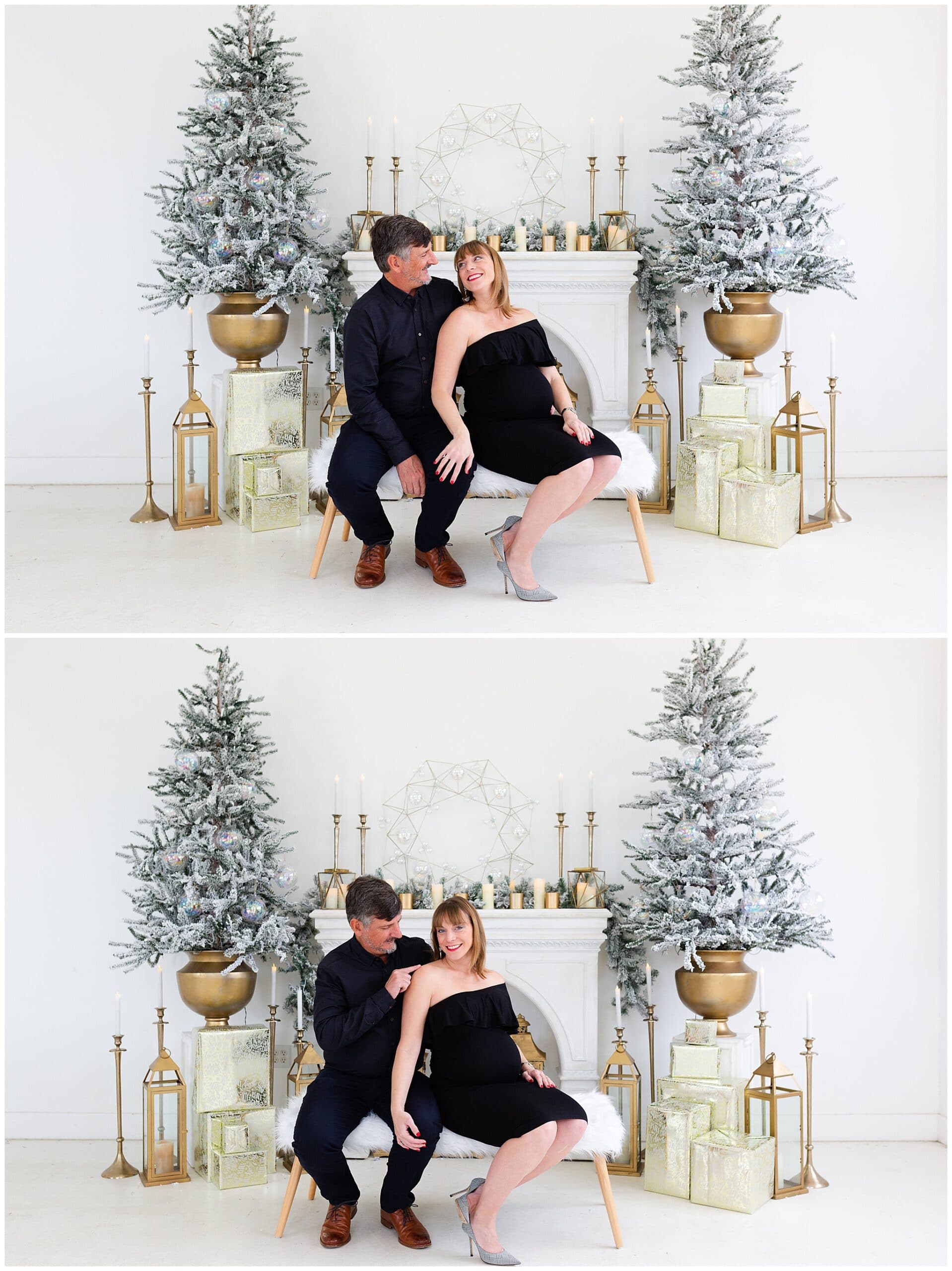 maternity portraits of a mom-to-be and husband at a Christmas portraits session at Studio HTX in Houston Texas by Swish and Click Photography