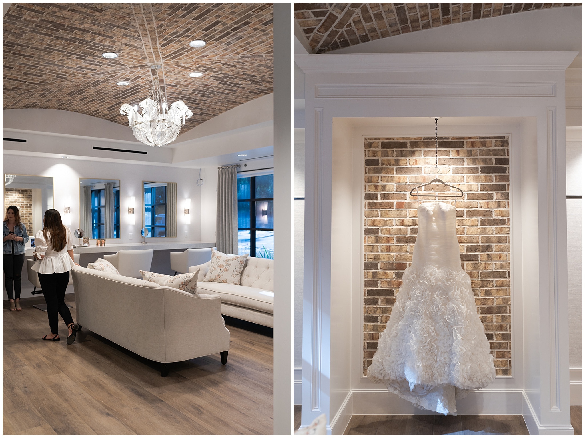 Houston wedding venue at their open house bridal suite with wedding gown captured by Swish and Click Photography