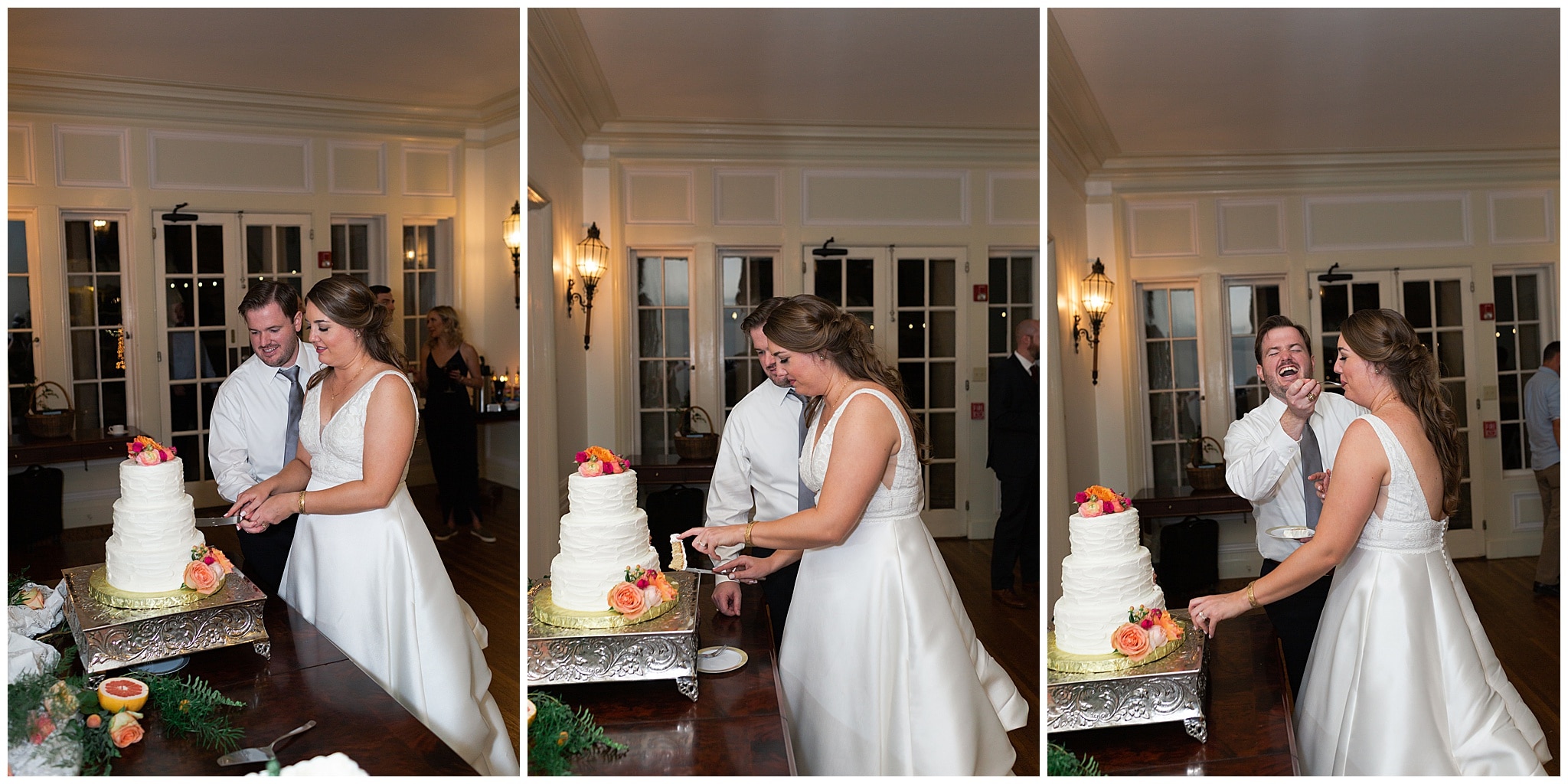 bride and groom cut wedding cake at Astin Mansion in Bryan Texas by Swish and Click Photography