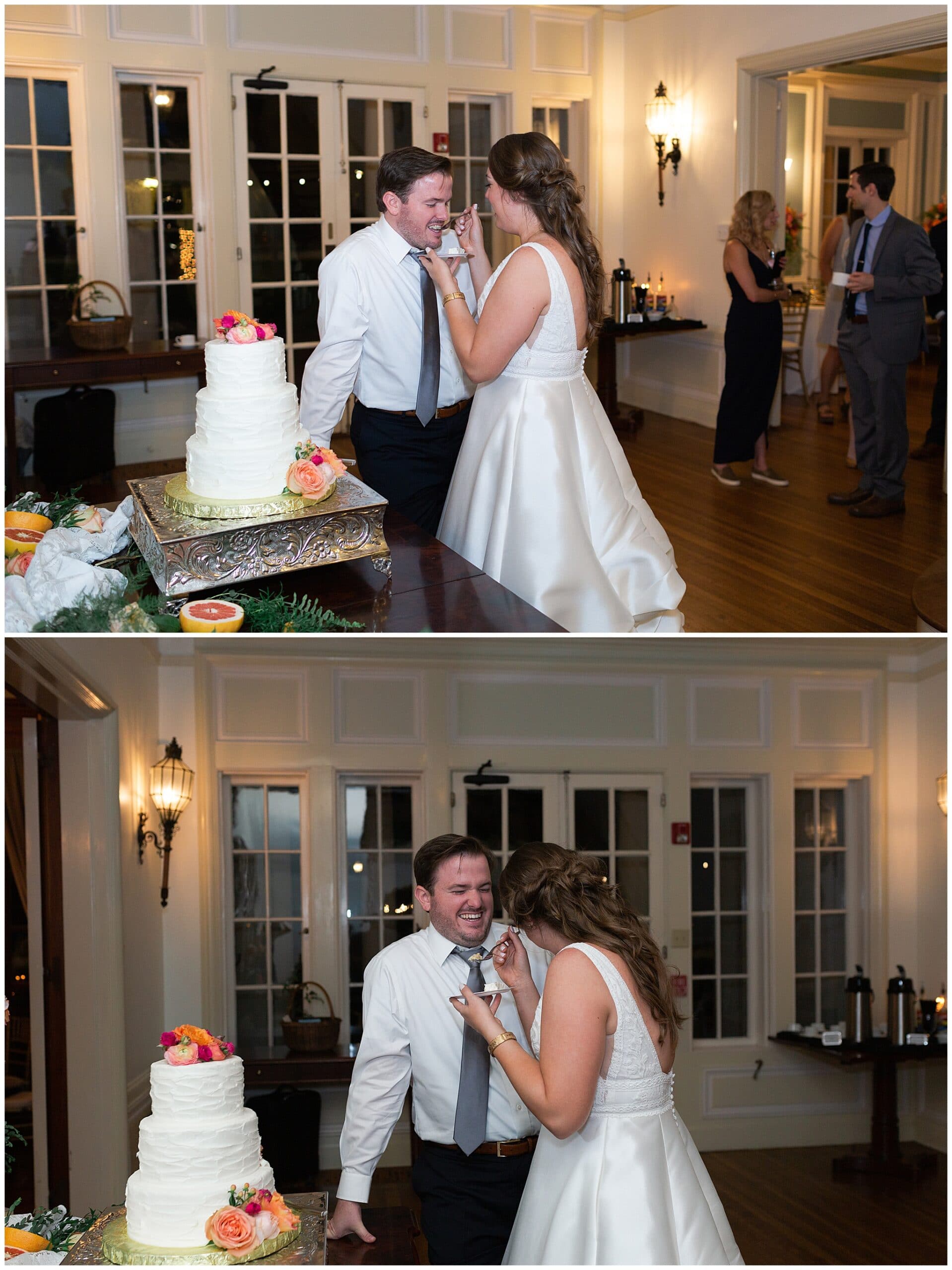 bride and groom share wedding cake at Astin Mansion in Bryan Texas by Swish and Click Photography