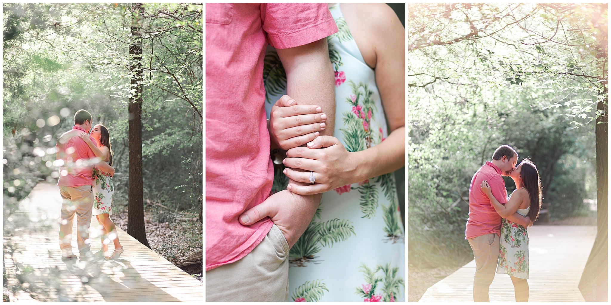 couple kissing Houston Arboretum during engagement session by Swish and Click Photography
