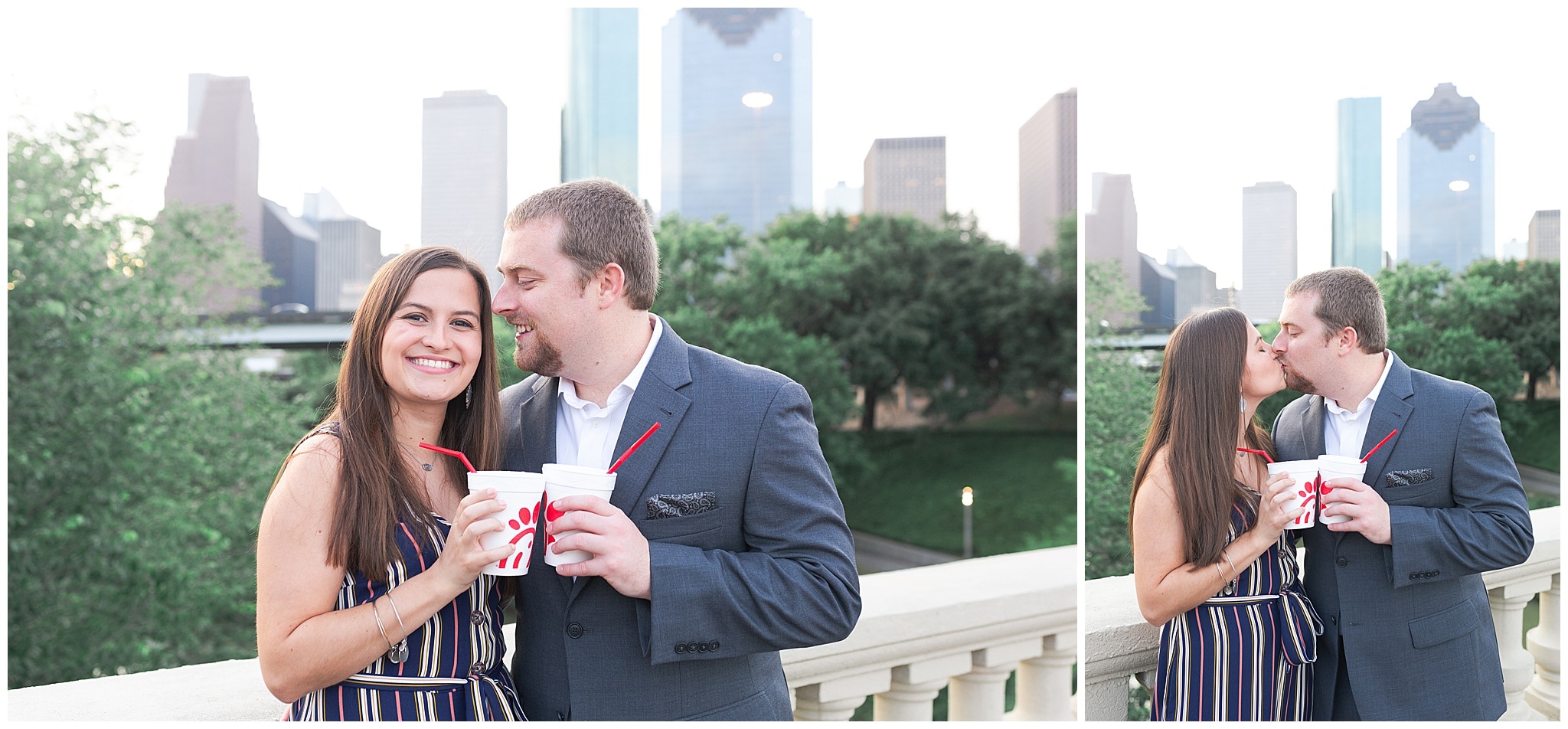 couple drinking champagne on Sabine St bridge during engagement session by Swish and Click Photography