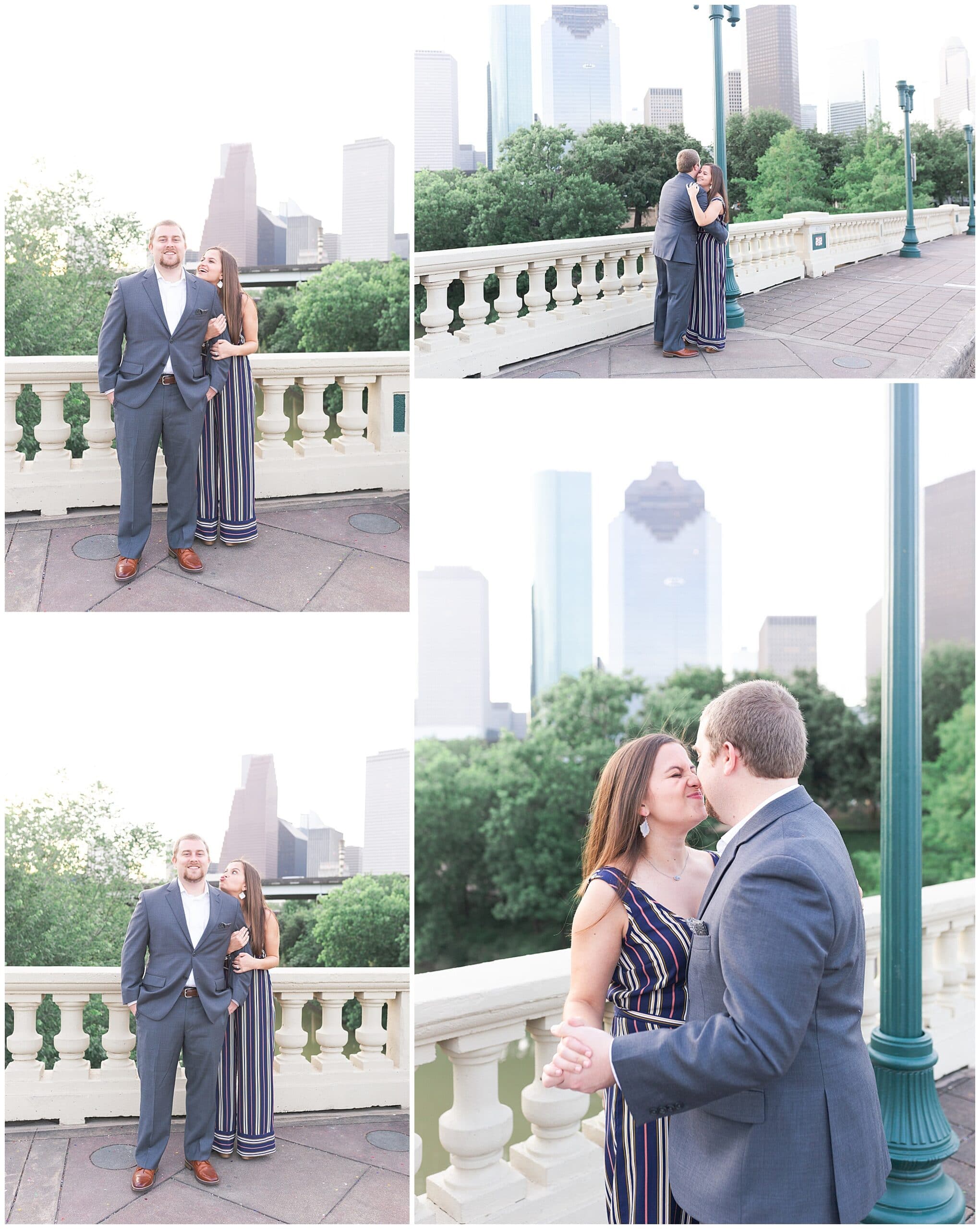 couple dancing on Sabine St bridge during engagement session by Swish and Click Photography