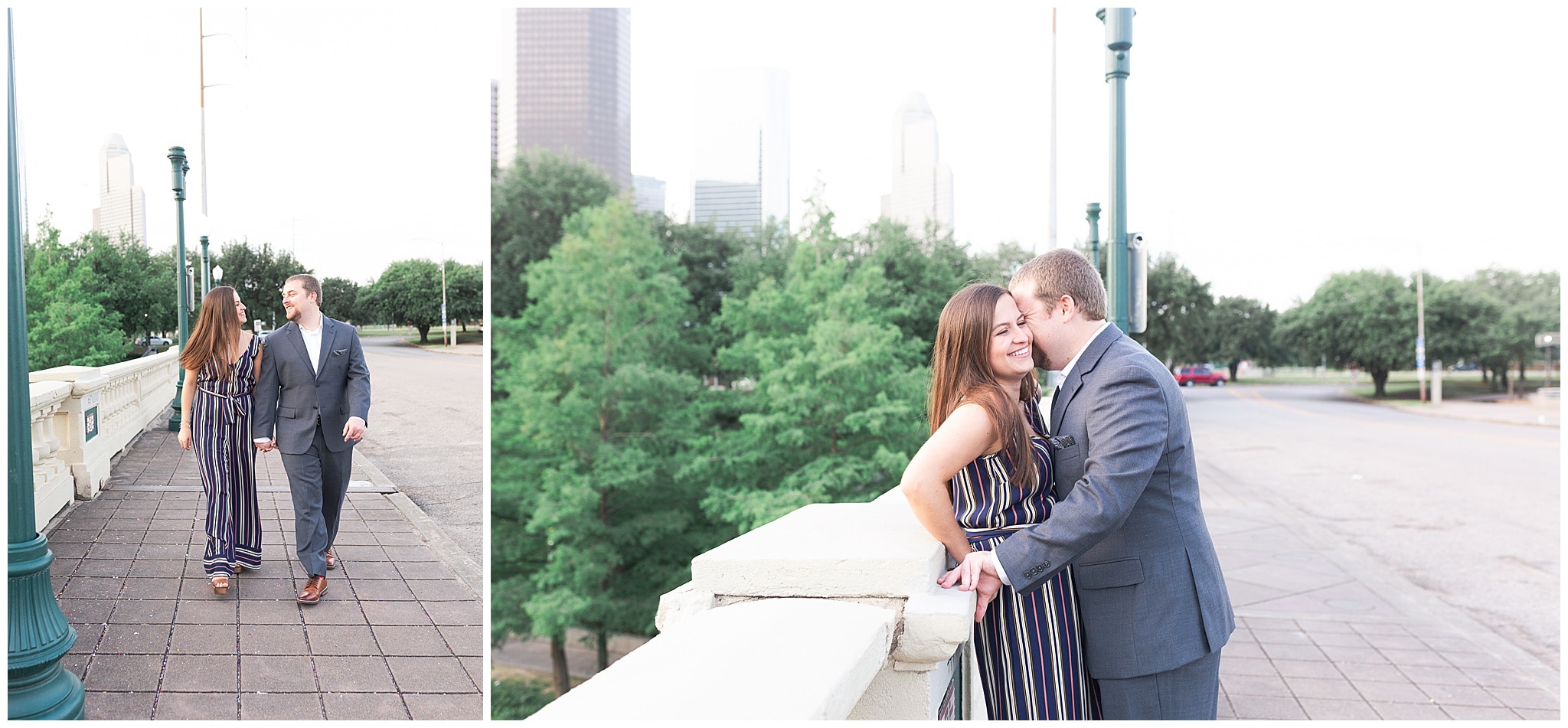 couple kissing on Sabine St bridge during engagement session by Swish and Click Photography
