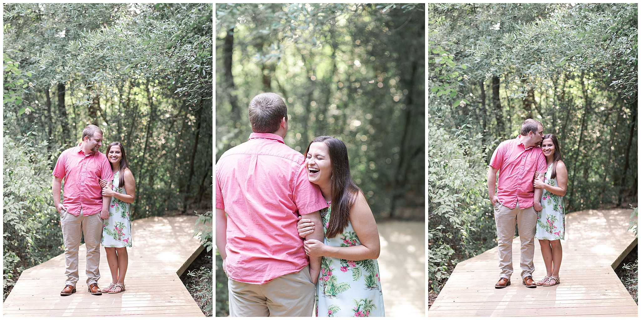 couple laughing Houston Arboretum during engagement session by Swish and Click Photography