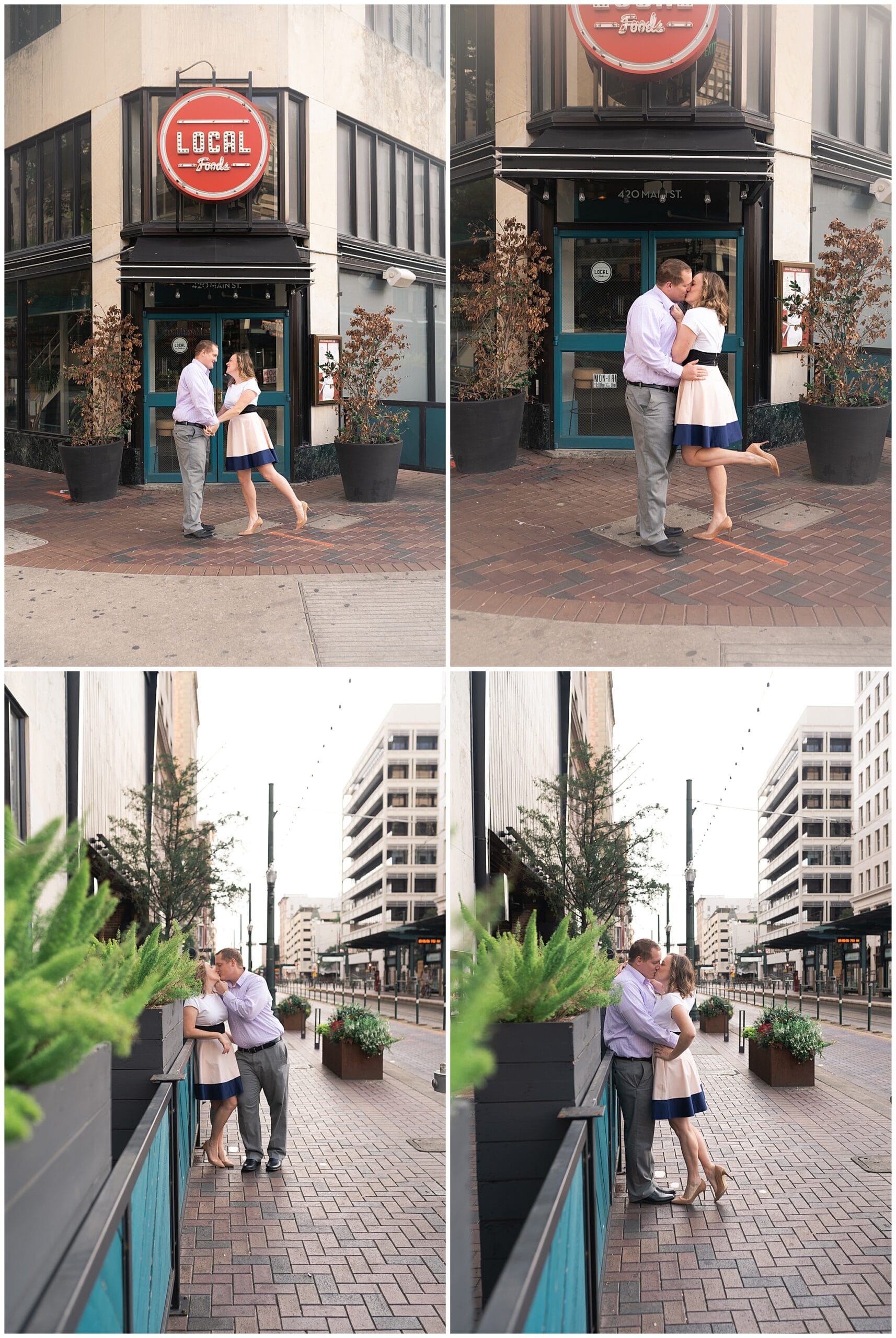 engaged couple kiss outside Local Foods in downtown Houston by Swish and Click Photography