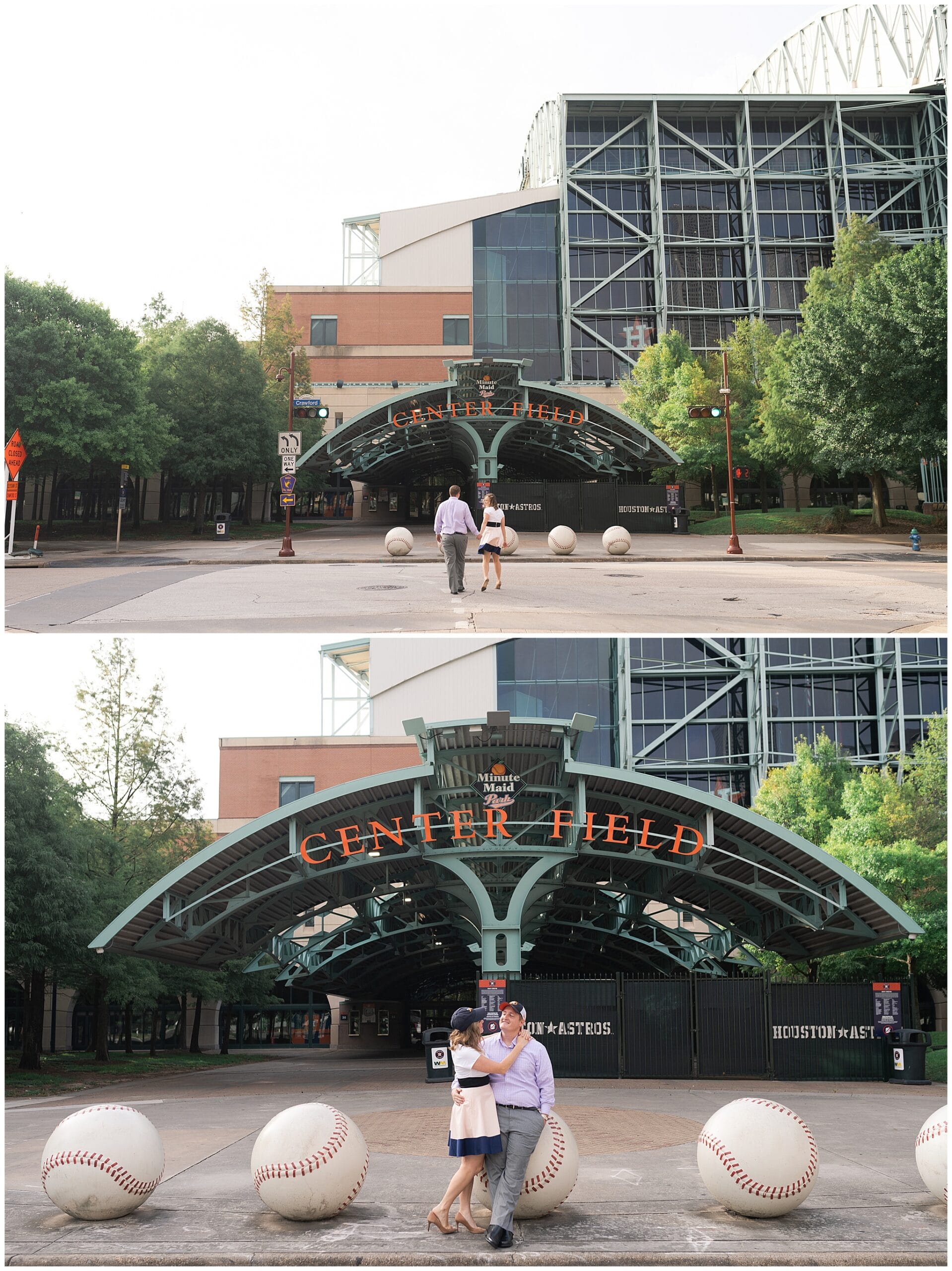 engaged couple kiss outside Astors Minute Maid Park in downtown Houston by Swish and Click Photography