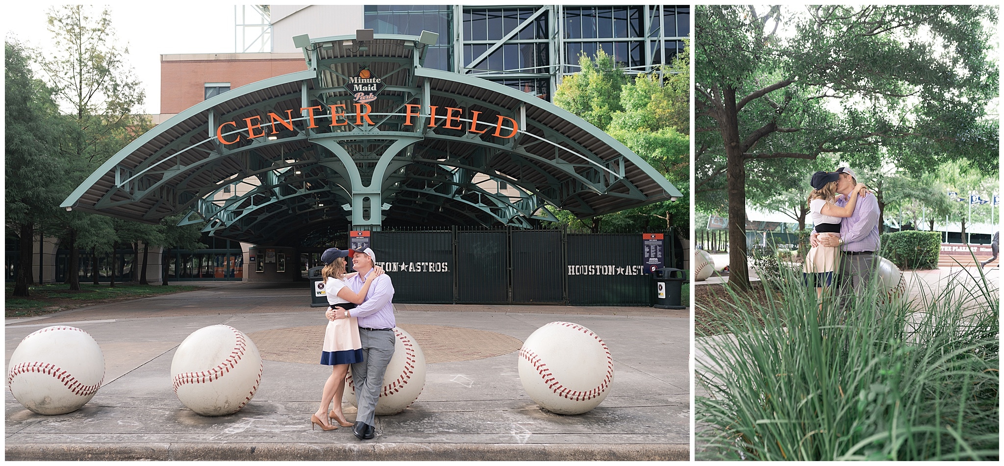 engaged couple canoodle outside Astors Minute Maid Park in downtown Houston by Swish and Click Photography