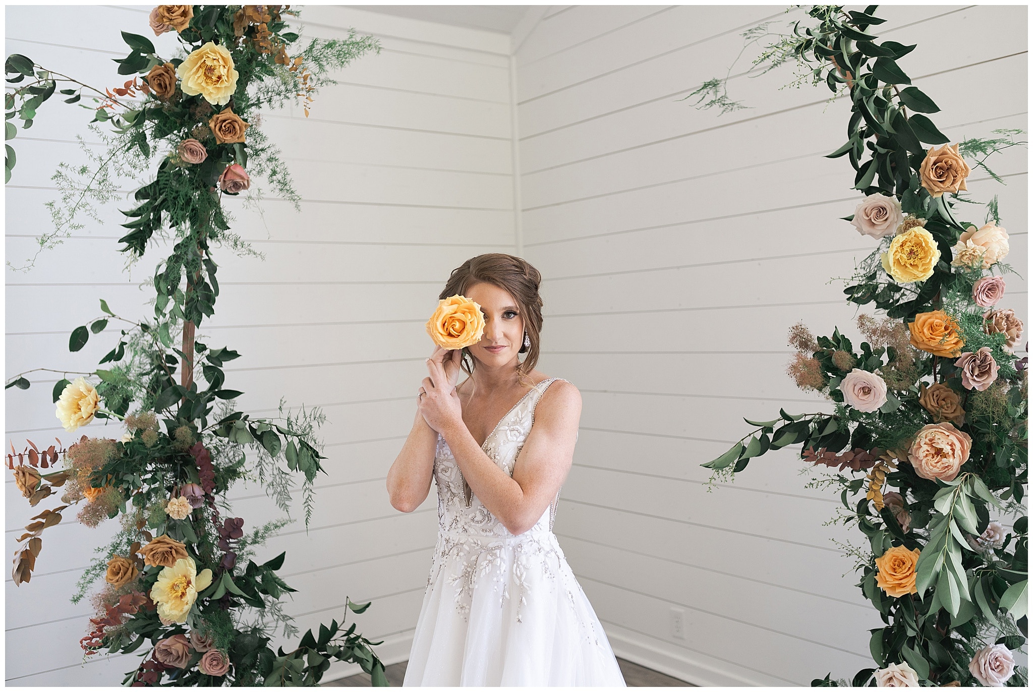 bride in blush and yellow tones at The Farmhouse in Montgomery TX captured by Swish and Click Photography