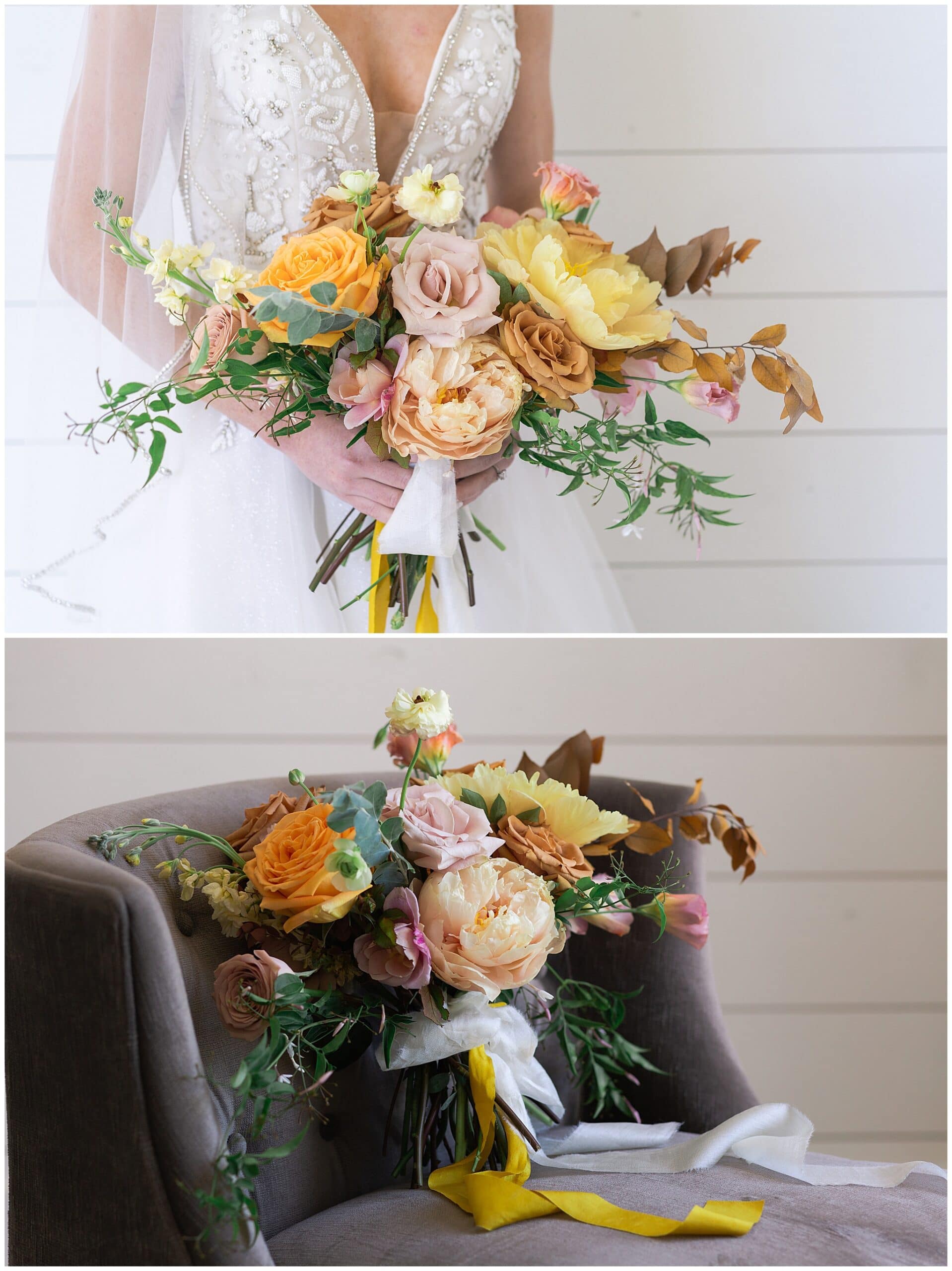 wedding bouquet in blush and yellow tones at The Farmhouse in Montgomery TX captured by Swish and Click Photography