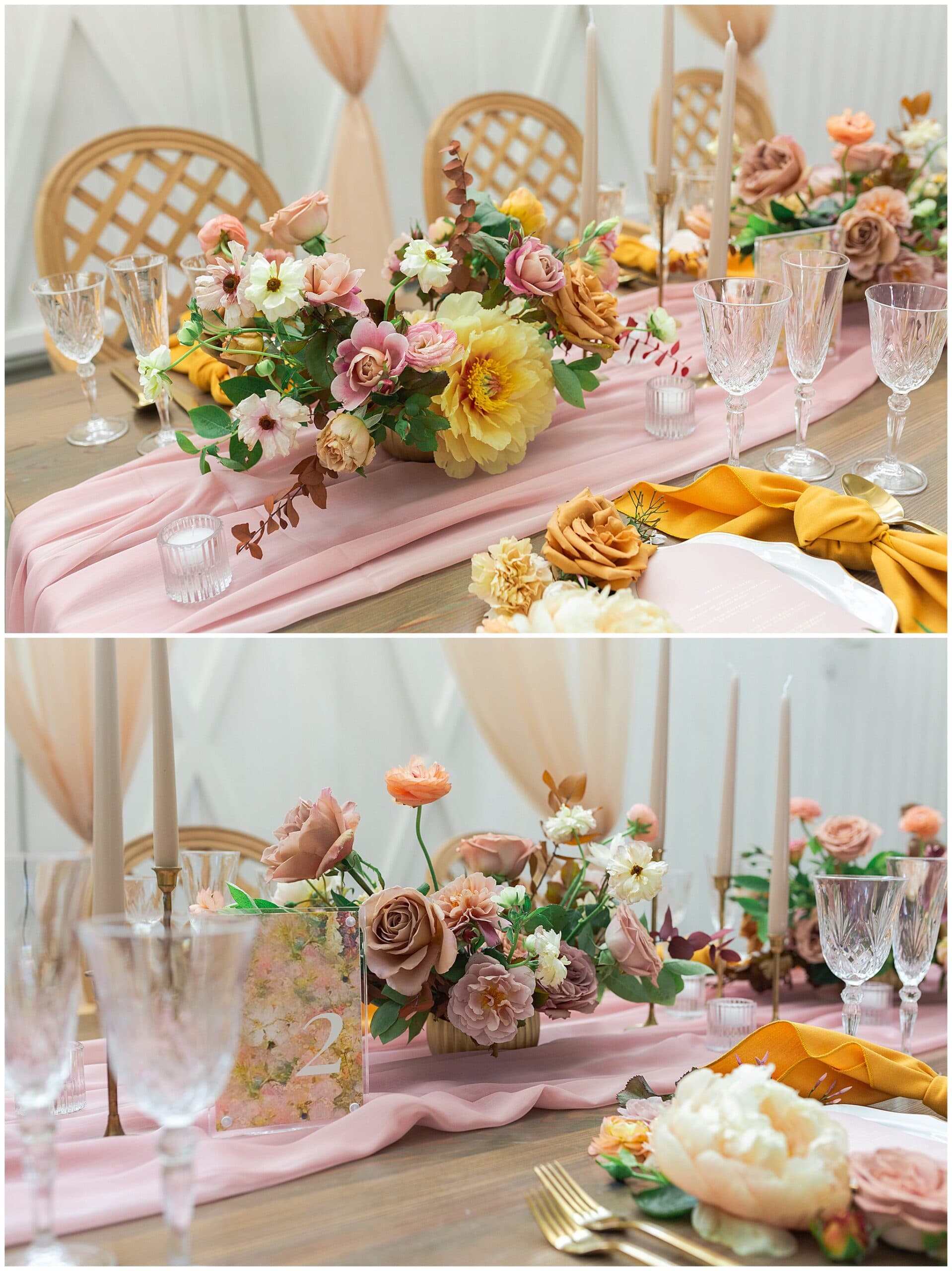 table setting with blush and yellow tones at The Farmhouse in Montgomery TX captured by Swish and Click Photography