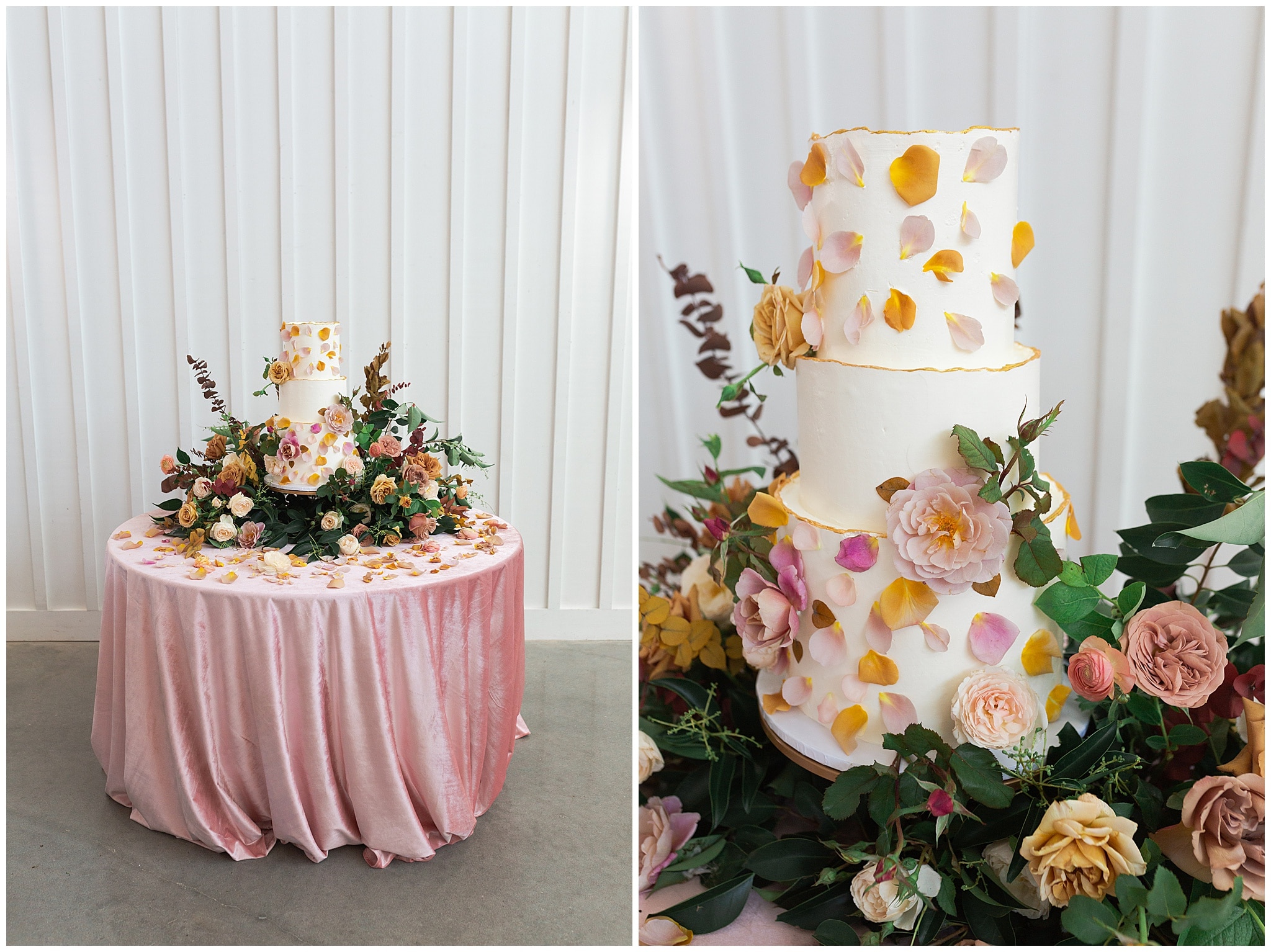 wedding cake blush and yellow tones at The Farmhouse in Montgomery TX captured by Swish and Click Photography