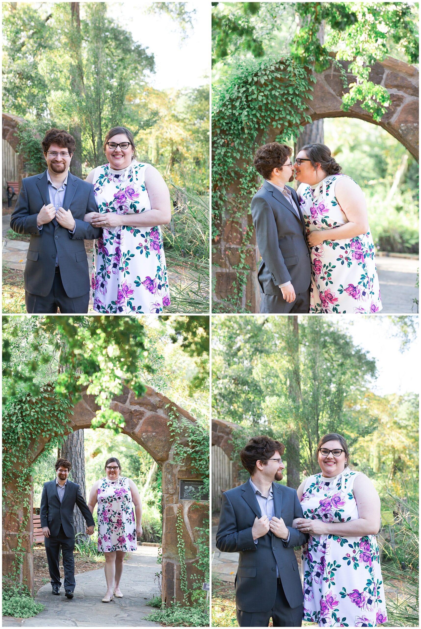 engaged couple kisses at Mercer Botanic gardens in Houston Texas by Swish and Click Photography