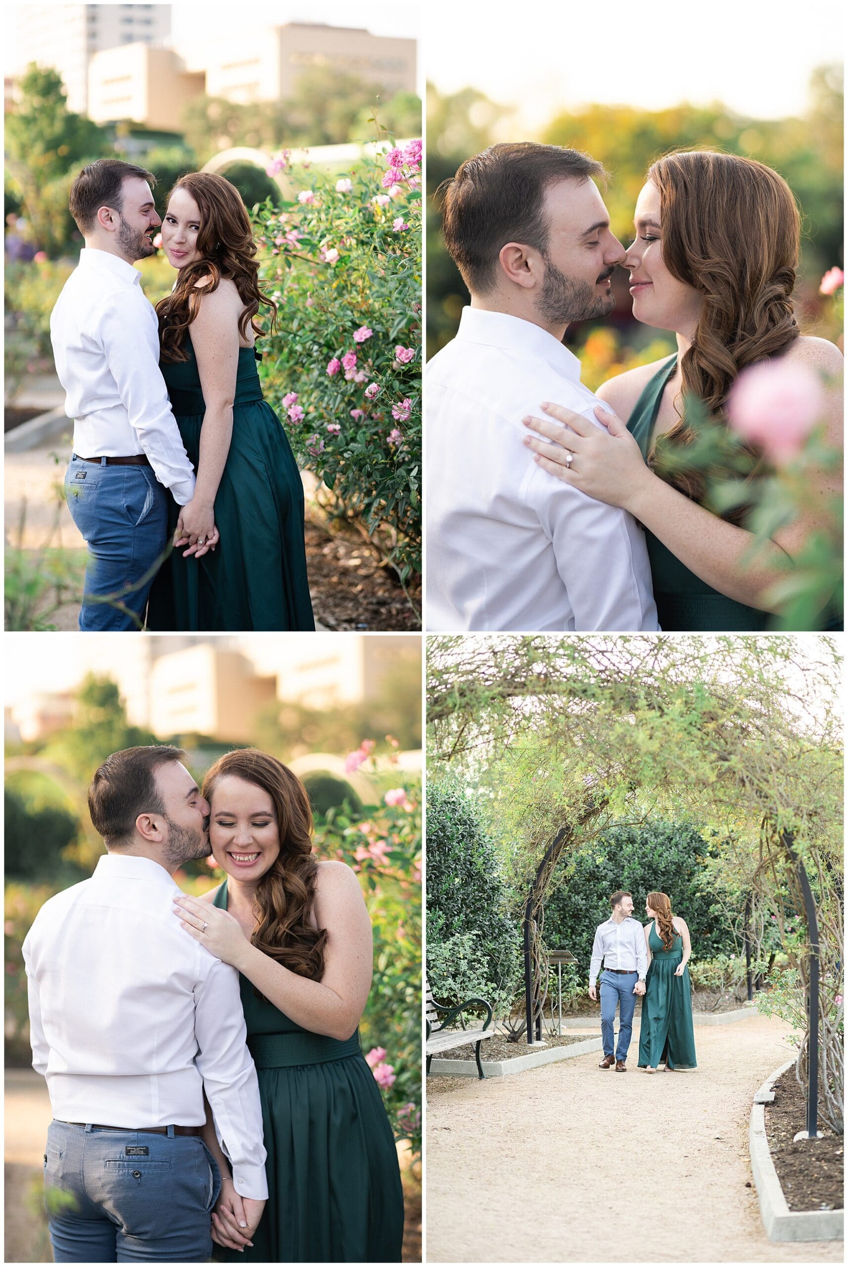 engaged couple kiss during their engagement session at McGovern Centennial Gardens in Houston Texas captured by Swish and Click Photography