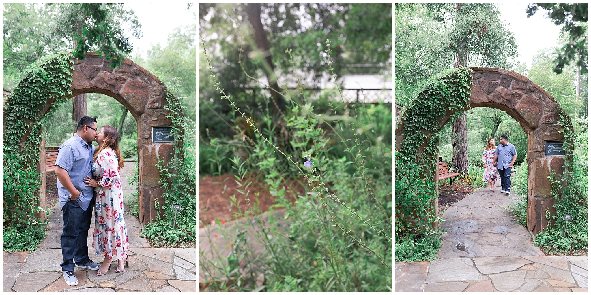 engaged couple kissing at Mercer Botanic Gardens in Houston TX by Swish and Click Photography