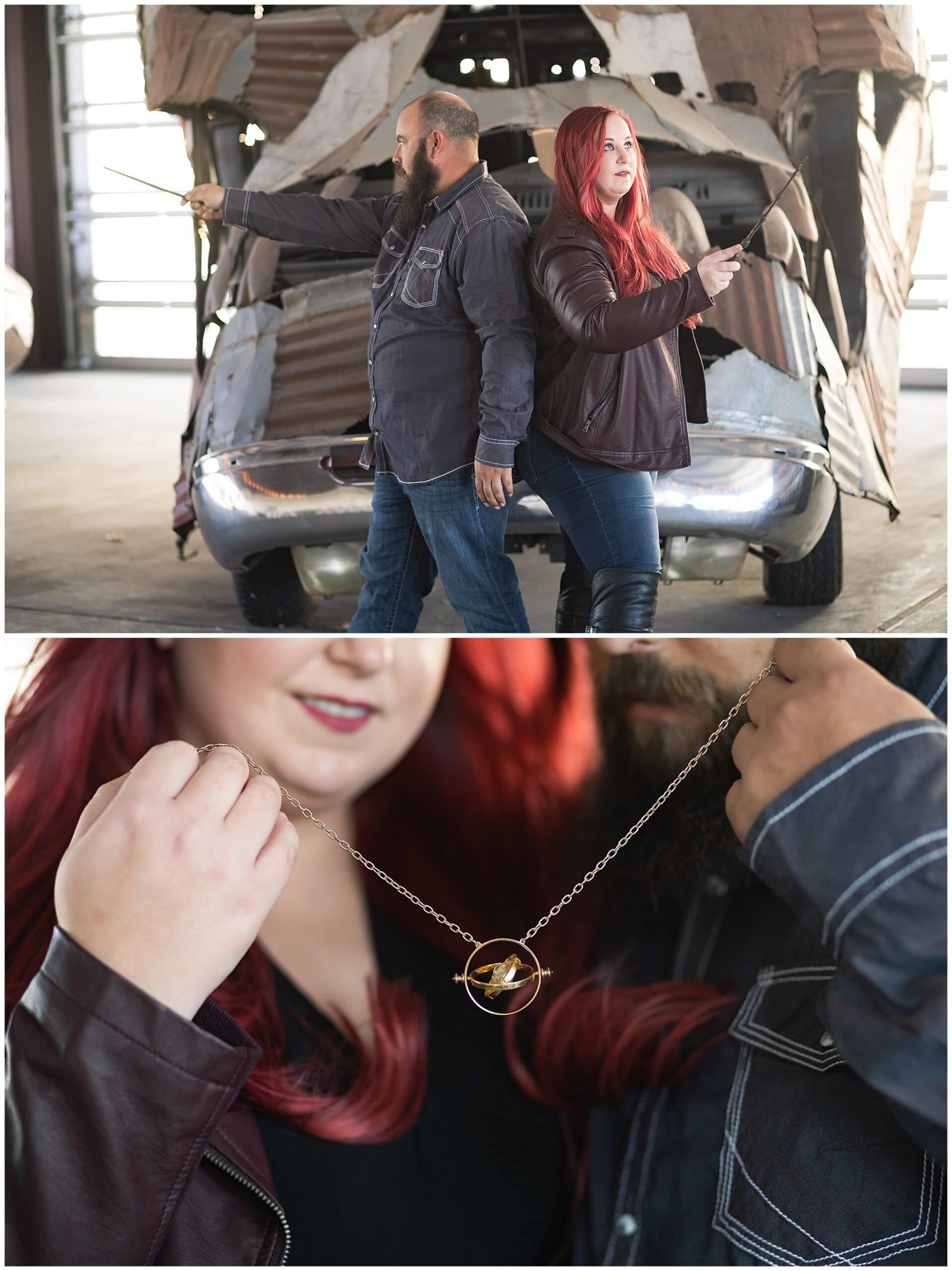 engaged Houston couple use Harry Potter time turner at St Arnold's brewery by Swish and Click Photography