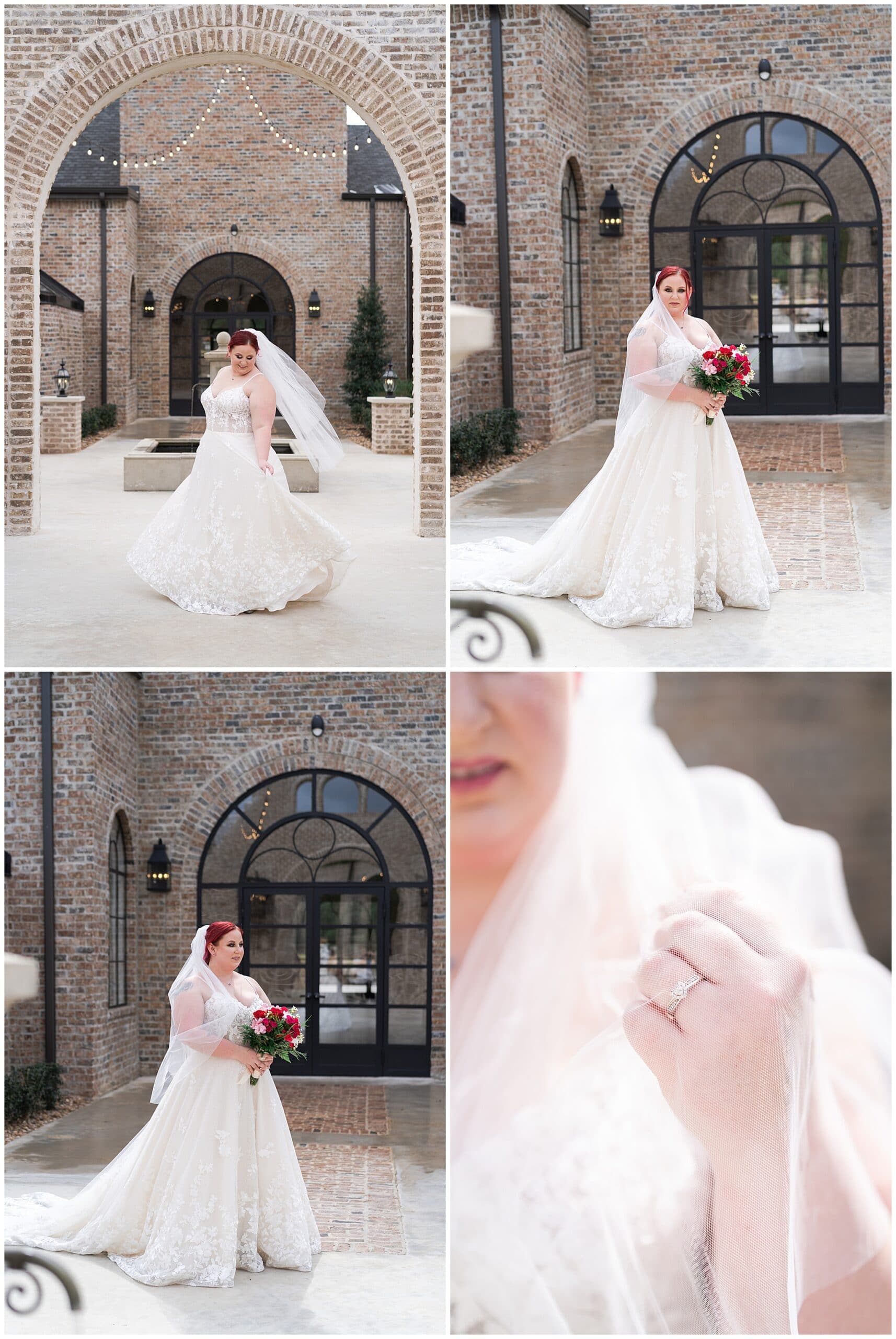 bride shows off her engagement ring during her Houston bridal session at Iron Manor captured by Swish and Click Photography