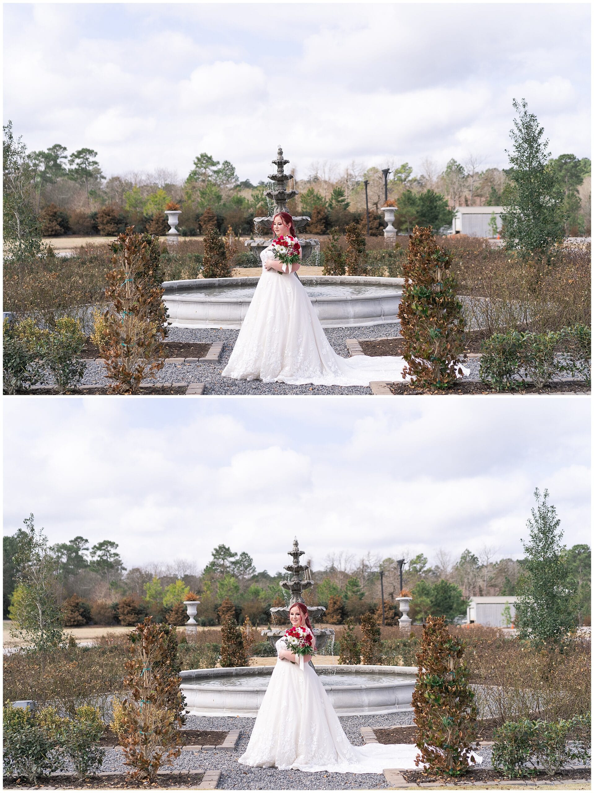 Iron Manor bridal session where the bride poses in the gardens captured by Swish and Click Photography in Houston Texas