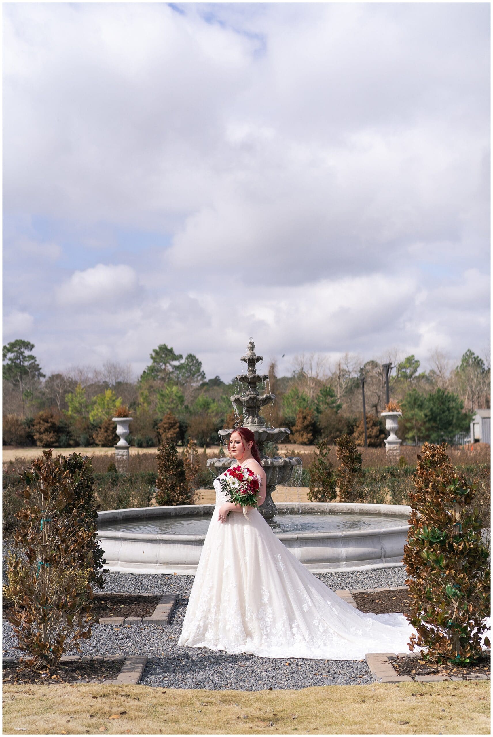 Iron Manor bridal session where the bride poses in the gardens captured by Swish and Click Photography in Houston Texas