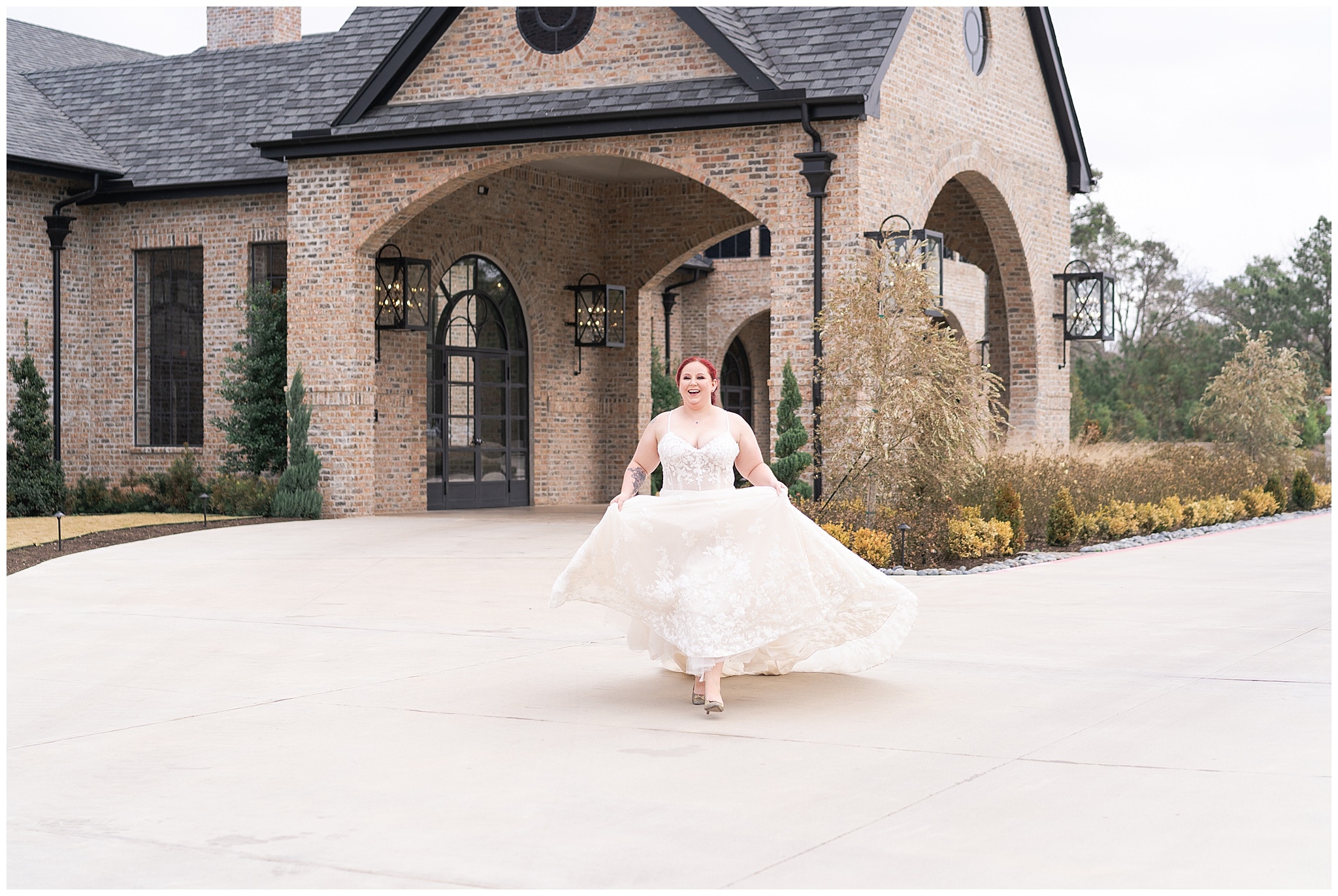 bride runs during her Houston bridal session at Iron Manor captured by Swish and Click Photography