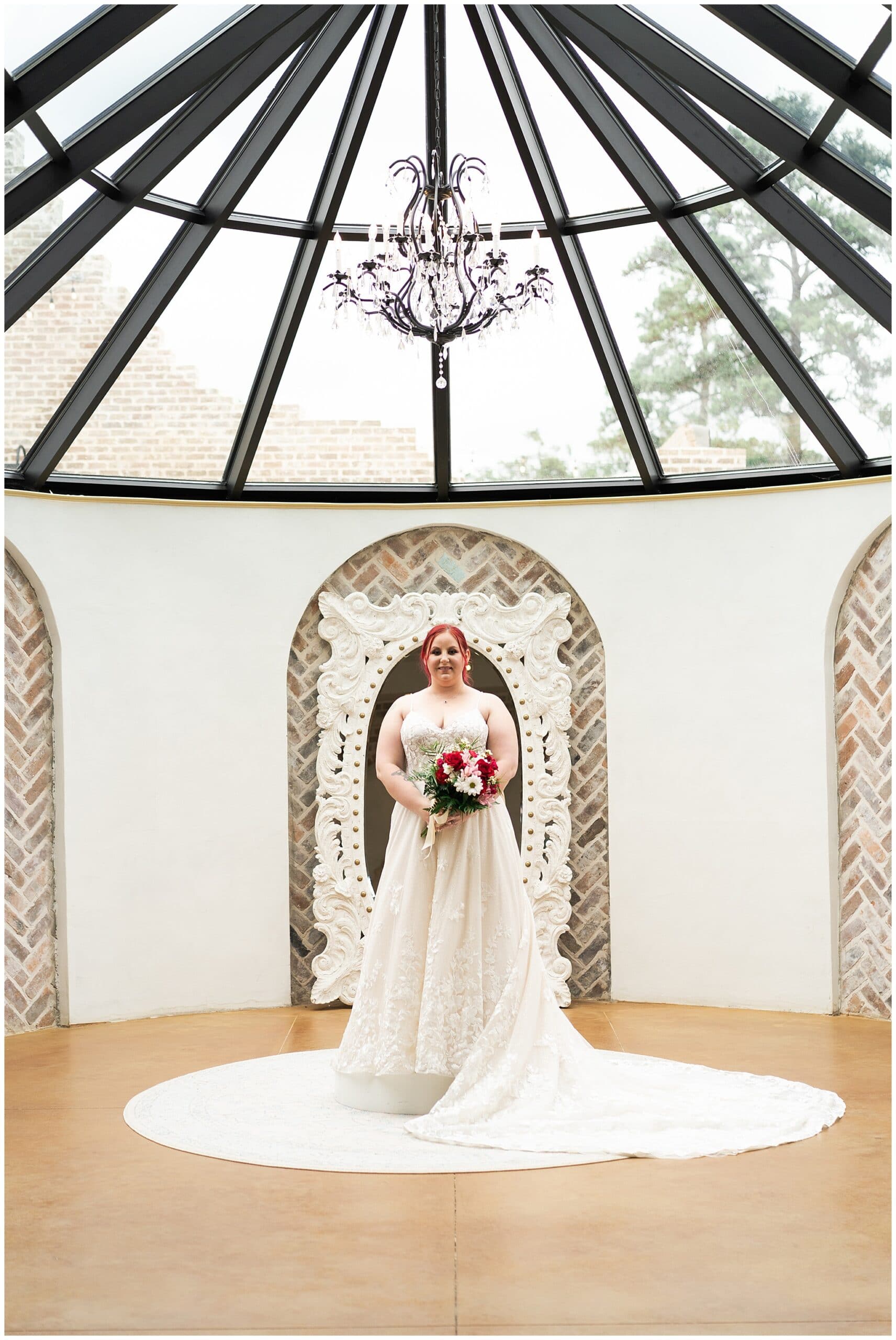 bride poses during her Houston bridal session at Iron Manor captured by Swish and Click Photography