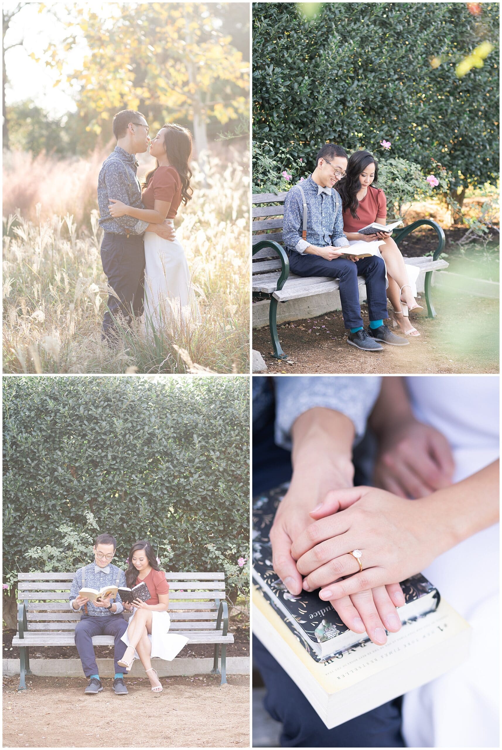 engaged couple reads a book together during Houston engagement session at McGovern Centennial Gardens by Swish and Click Photography