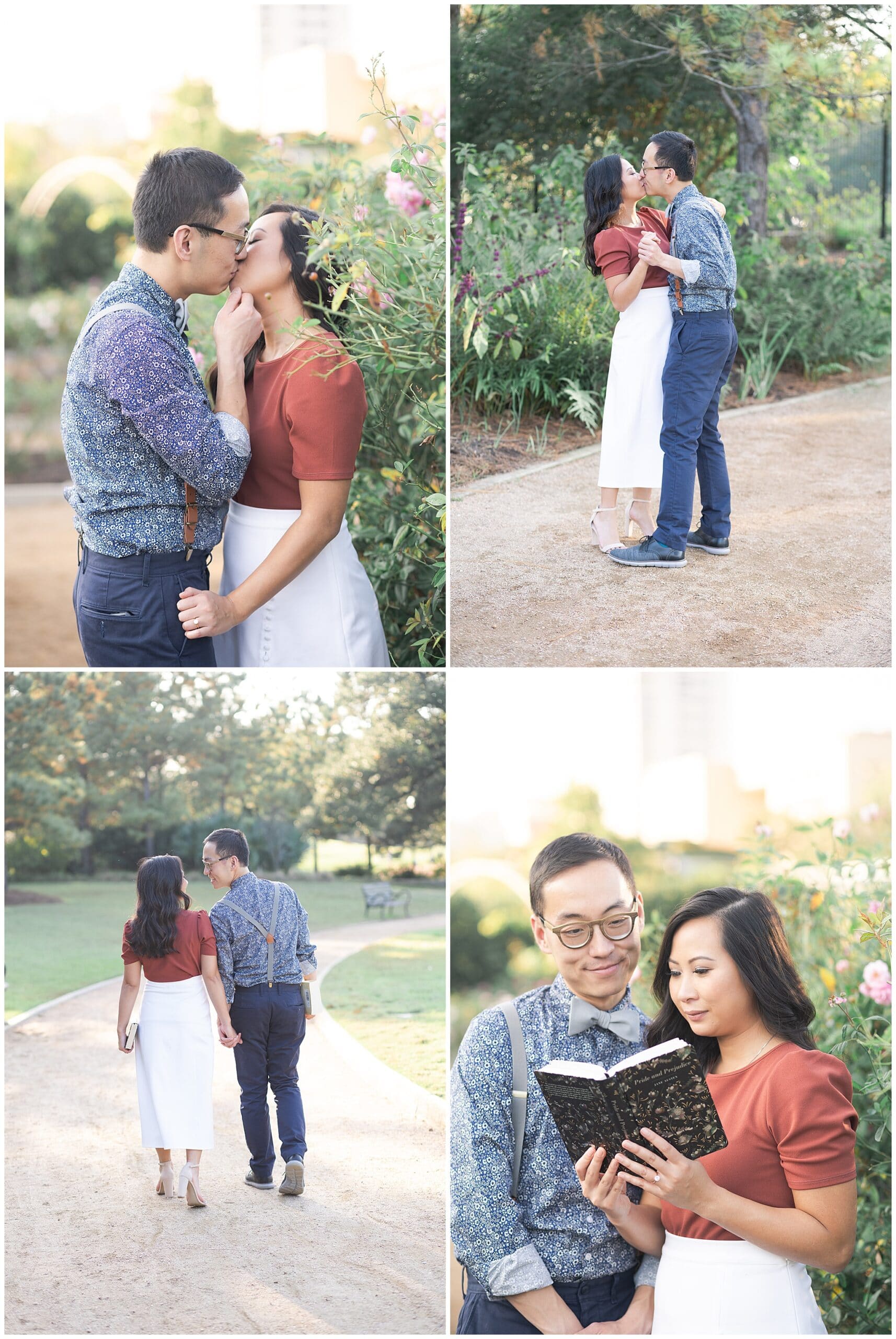 engaged couple smiles during Houston engagement session at McGovern Centennial Gardens by Swish and Click Photography