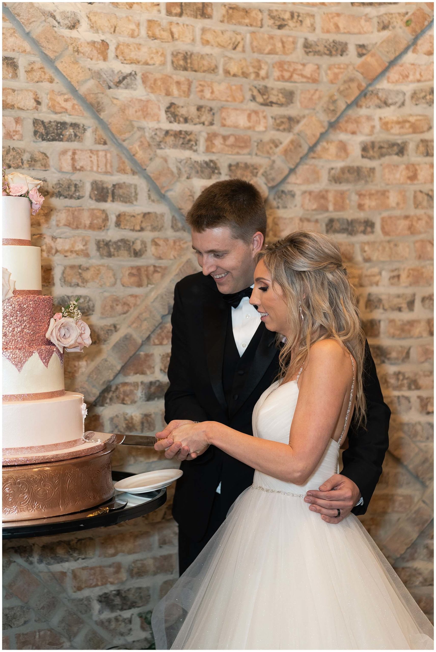 bride and groom cut their cake at Iron Manor in Houston Texas by Swish and Click Photography