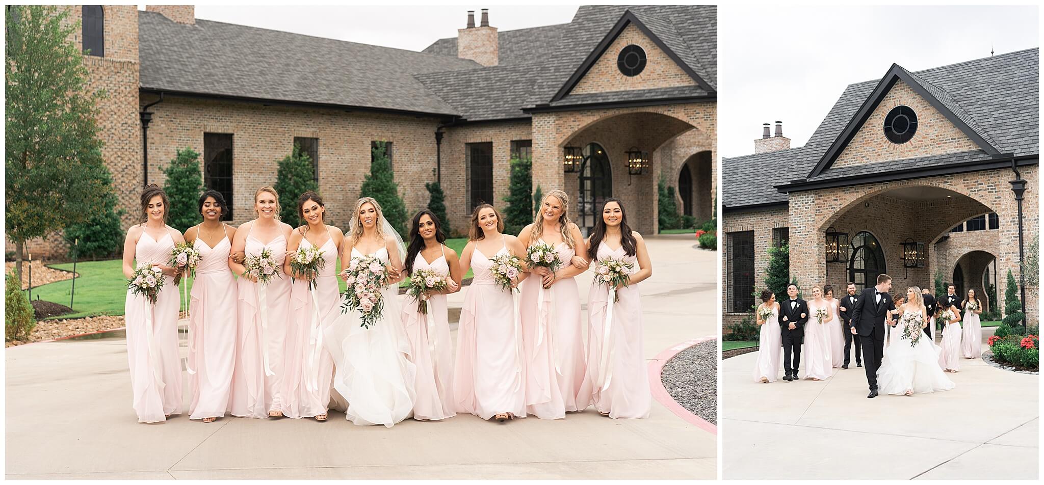 wedding party walk and laugh  at Iron Manor in Houston Texas by Swish and Click Photography