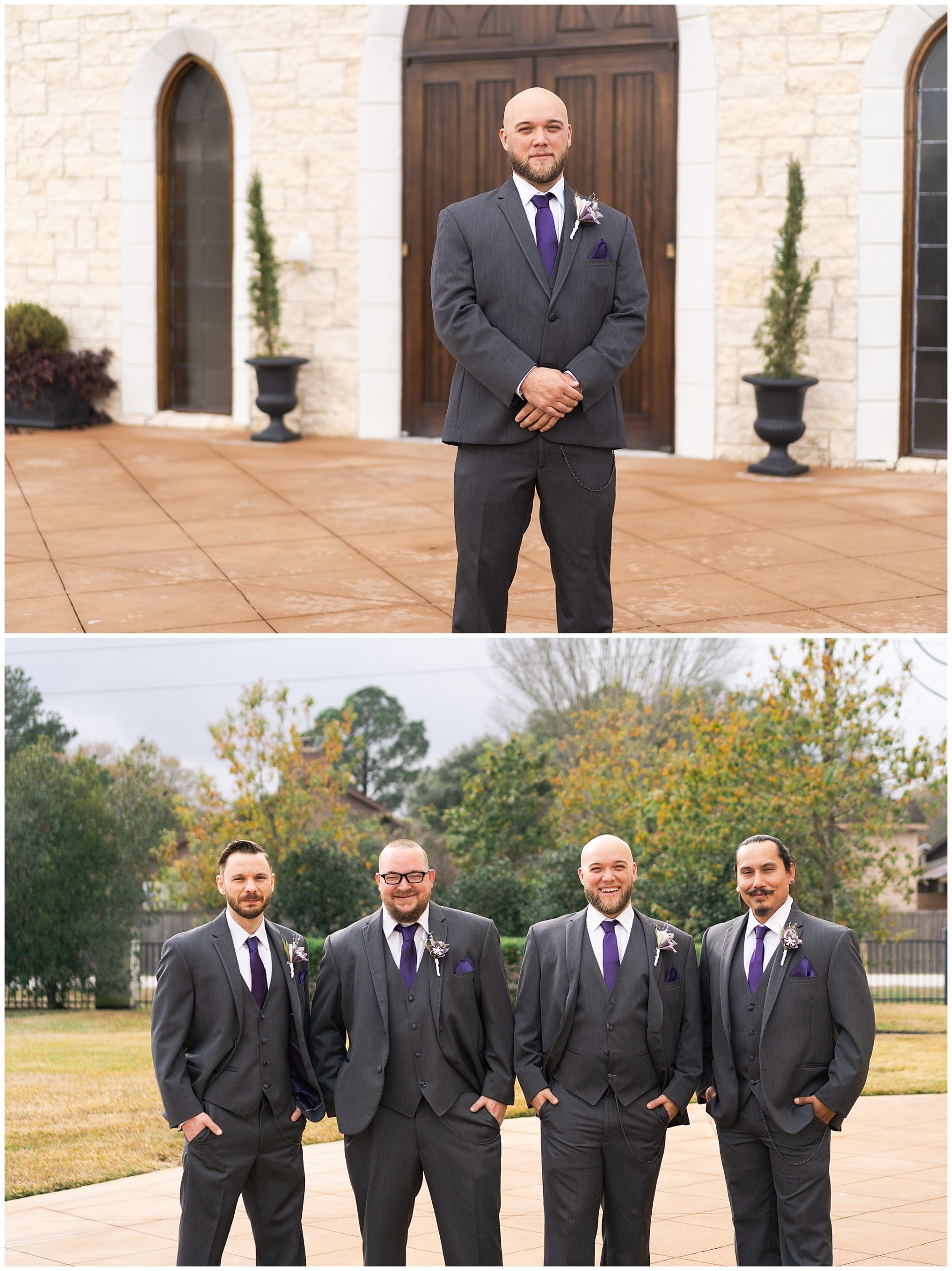 groom and groomsmen pose and smile at Ashton Gardens in Houston Texas by Swish and Click Photography